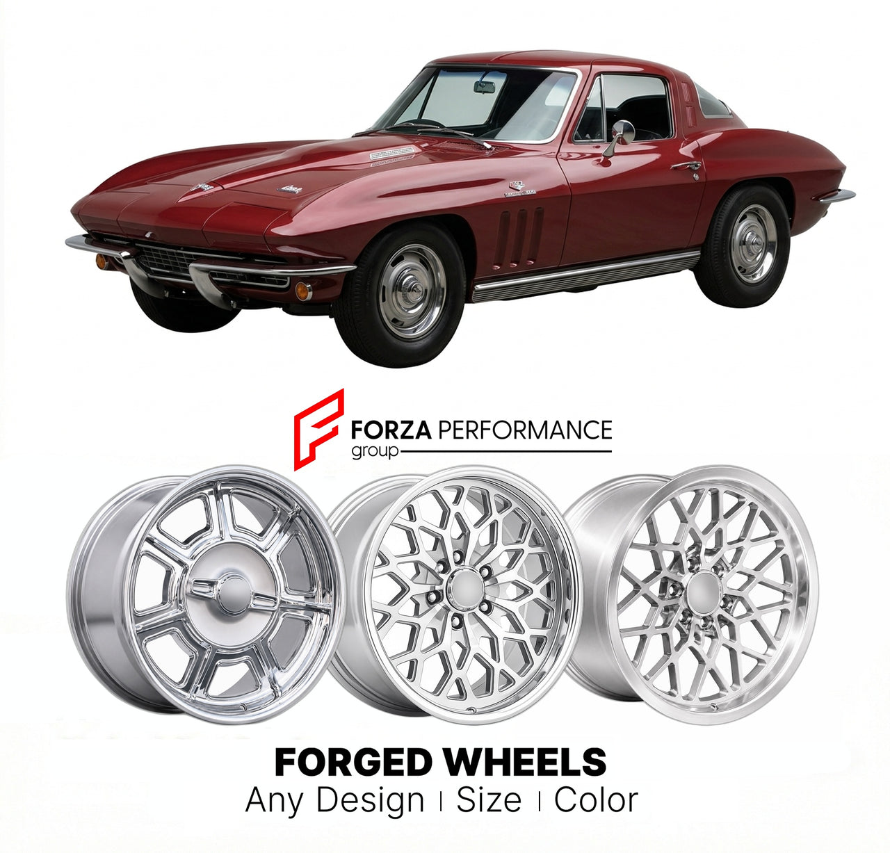 CUSTOM CLASSIC VINTAGE RESTOMOD RETRO OLD SCHOOL FORGED WHEELS RIMS for CHEVROLET CORVETTE 427 & 454 1966 - 1967
Custom forged wheels for classic American muscle cars. Ideal for restomod builds, vintage restorations, and show cars. Deep dish and retro styling available.

We manufacture premium quality forged wheels rims for Chevrolet Corvette 427 & 454 1966 - 1967 in any design, size, color.

THIS WHEEL DESIGN CAN BE CUSTOM-MADE FOR YOUR CAR IN ANY SIZE AND COLOR OPTIONS
Available in monoblock, 2-piece, 3-p