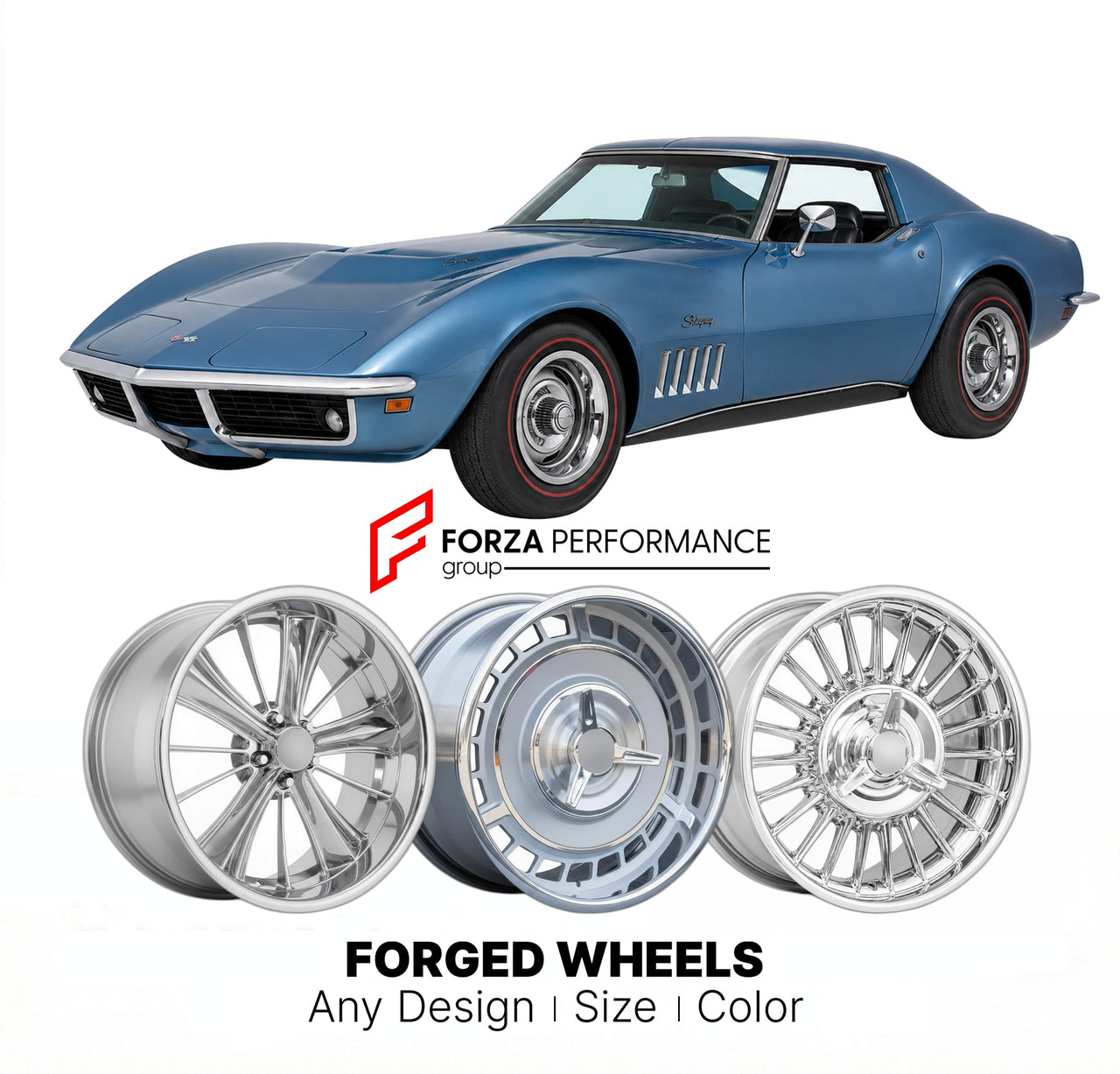 CUSTOM CLASSIC VINTAGE RESTOMOD RETRO OLD SCHOOL FORGED WHEELS RIMS for CHEVROLET CORVETTE 427 & 454 1968 - 1972
Custom forged wheels for classic American muscle cars. Ideal for restomod builds, vintage restorations, and show cars. Deep dish and retro styling available.

We manufacture premium quality forged wheels rims for Chevrolet Corvette 427 & 454 1968 - 1972 in any design, size, color.

THIS WHEEL DESIGN CAN BE CUSTOM-MADE FOR YOUR CAR IN ANY SIZE AND COLOR OPTIONS
Available in monoblock, 2-piece, 3-p