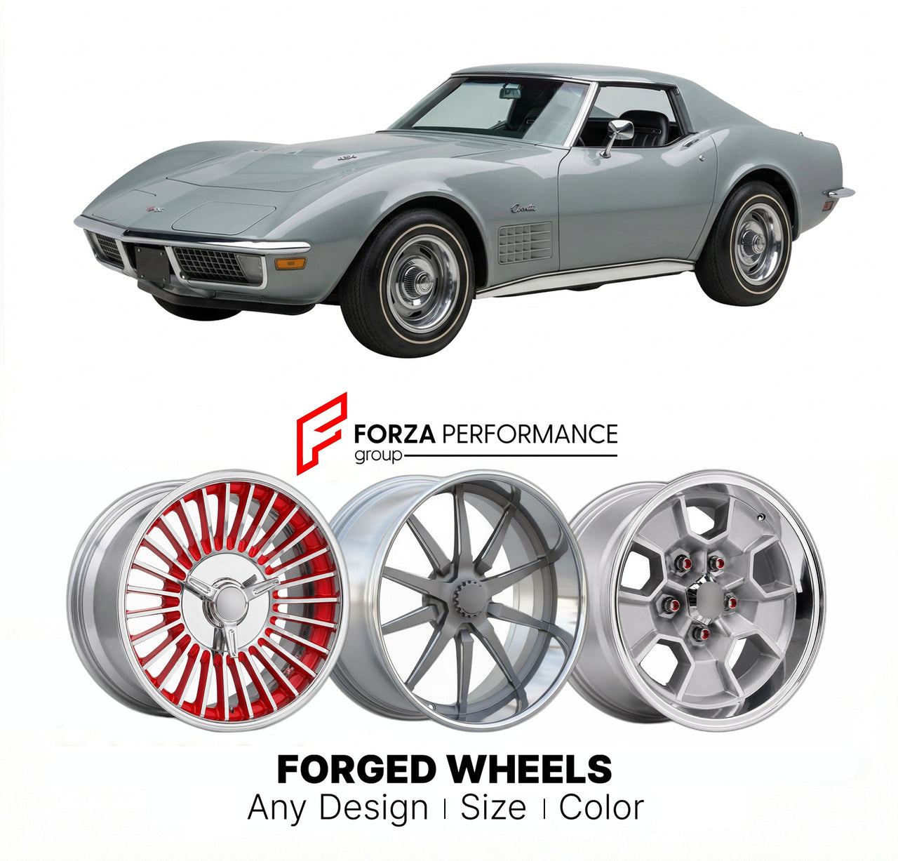 CUSTOM CLASSIC VINTAGE RESTOMOD RETRO OLD SCHOOL FORGED WHEELS RIMS for CHEVROLET CORVETTE 454 1970 - 1974
Custom forged wheels for classic American muscle cars. Ideal for restomod builds, vintage restorations, and show cars. Deep dish and retro styling available.

We manufacture premium quality forged wheels rims for Chevrolet Corvette 454 1970 - 1974 in any design, size, color.

THIS WHEEL DESIGN CAN BE CUSTOM-MADE FOR YOUR CAR IN ANY SIZE AND COLOR OPTIONS
Available in monoblock, 2-piece, 3-piece, duoblo