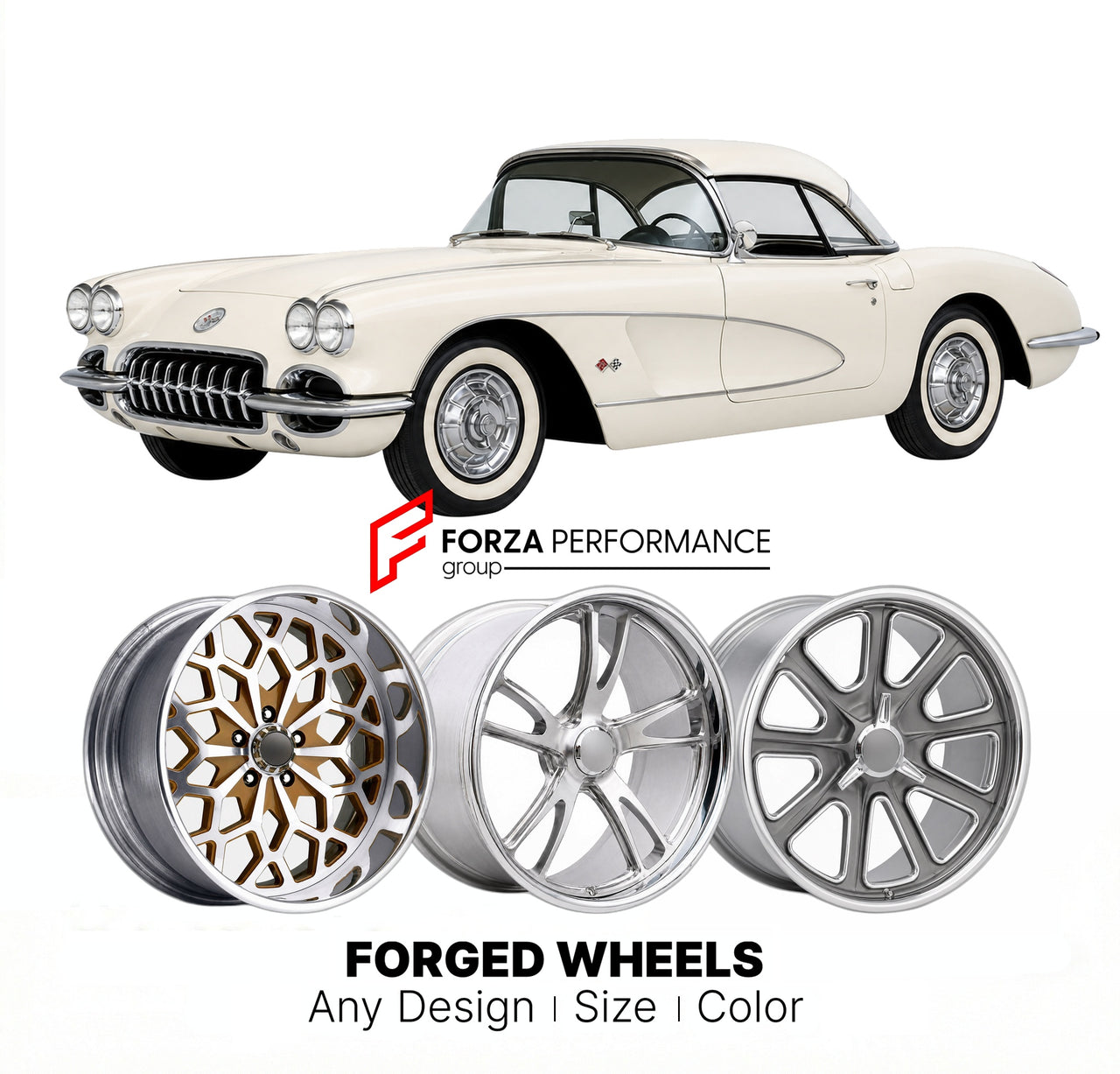 CUSTOM CLASSIC VINTAGE RESTOMOD RETRO OLD SCHOOL FORGED WHEELS RIMS for CHEVROLET CORVETTE C1 1958 - 1962
Custom forged wheels for classic American muscle cars. Ideal for restomod builds, vintage restorations, and show cars. Deep dish and retro styling available.

We manufacture premium quality forged wheels rims for Chevrolet Corvette C1 1958 - 1962 in any design, size, color.

THIS WHEEL DESIGN CAN BE CUSTOM-MADE FOR YOUR CAR IN ANY SIZE AND COLOR OPTIONS
Available in monoblock, 2-piece, 3-piece, duoblock