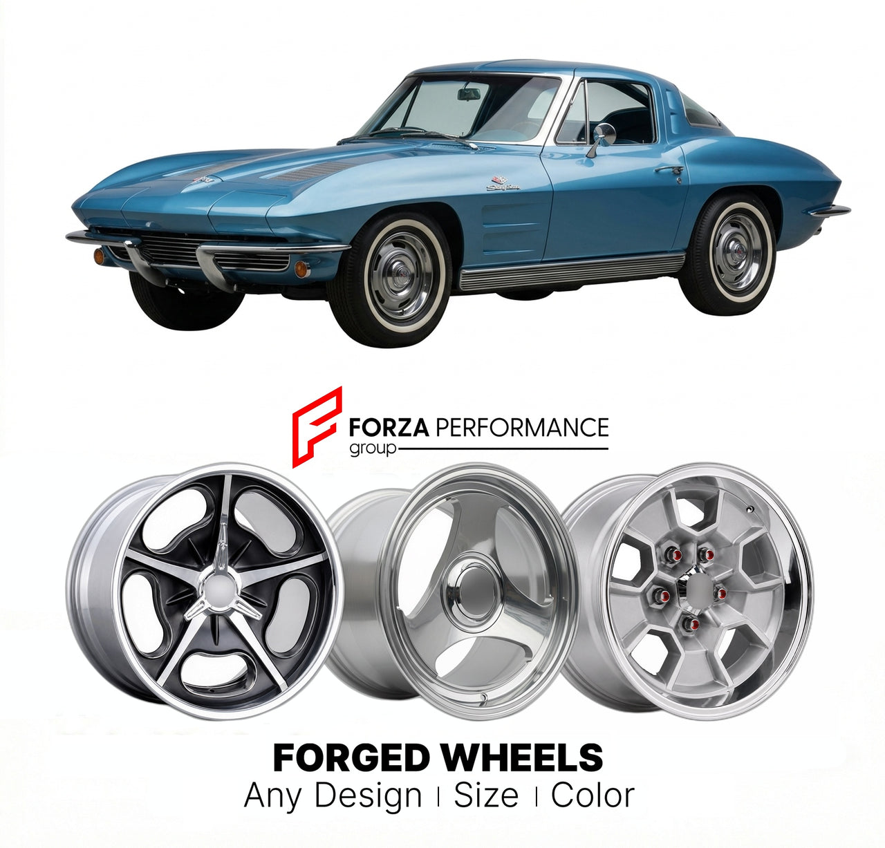 CUSTOM CLASSIC VINTAGE RESTOMOD RETRO OLD SCHOOL FORGED WHEELS RIMS for CHEVROLET CORVETTE C2 1963 - 1967
Custom forged wheels for classic American muscle cars. Ideal for restomod builds, vintage restorations, and show cars. Deep dish and retro styling available.

We manufacture premium quality forged wheels rims for Chevrolet Corvette C2 1963 - 1967 in any design, size, color.

THIS WHEEL DESIGN CAN BE CUSTOM-MADE FOR YOUR CAR IN ANY SIZE AND COLOR OPTIONS
Available in monoblock, 2-piece, 3-piece, duoblock