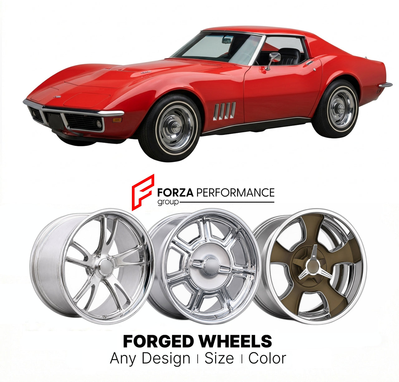 CUSTOM CLASSIC VINTAGE RESTOMOD RETRO OLD SCHOOL FORGED WHEELS RIMS for CHEVROLET CORVETTE C3 1968 - 1982
Custom forged wheels for classic American muscle cars. Ideal for restomod builds, vintage restorations, and show cars. Deep dish and retro styling available.

We manufacture premium quality forged wheels rims for Chevrolet Corvette C3 1968 - 1982 in any design, size, color.

THIS WHEEL DESIGN CAN BE CUSTOM-MADE FOR YOUR CAR IN ANY SIZE AND COLOR OPTIONS
Available in monoblock, 2-piece, 3-piece, duoblock