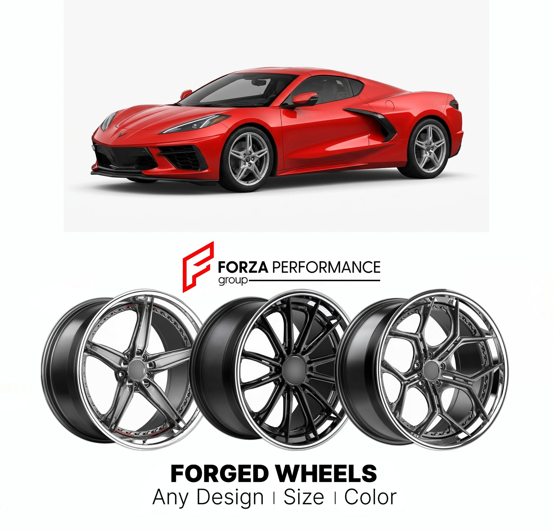 FORGED WHEELS RIMS for CHEVROLET CORVETTE C8 2020 - 2024

Custom forged wheels for Chevrolet Corvette C8 2020 - 2024. Made-to-order monoblock, 2-piece and 3-piece rims in custom sizes, offsets, colors and finishes with guaranteed fitment.

We manufacture premium quality forged wheels rims for Chevrolet Corvette C8 2020 - 2024 in any design, size, color.

THIS WHEEL DESIGN CAN BE CUSTOM-MADE FOR YOUR CAR IN ANY SIZE AND COLOR OPTIONS
Available in monoblock, 2-piece, 3-piece, duoblock, beadlock
3D wheel rende