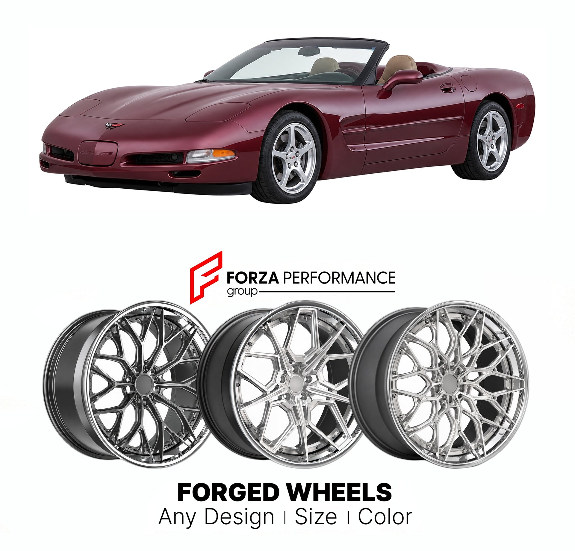 FORGED WHEELS RIMS for CHEVROLET CORVETTE CONVERTIBLE C5 1997 - 2004

Custom forged wheels for Chevrolet Corvette Convertible C5 1997 - 2004. Made-to-order monoblock, 2-piece and 3-piece rims in custom sizes, offsets, colors and finishes with guaranteed fitment.

We manufacture premium quality forged wheels rims for Chevrolet Corvette Convertible C5 1997 - 2004 in any design, size, color.

THIS WHEEL DESIGN CAN BE CUSTOM-MADE FOR YOUR CAR IN ANY SIZE AND COLOR OPTIONS
Available in monoblock, 2-piece, 3-piec