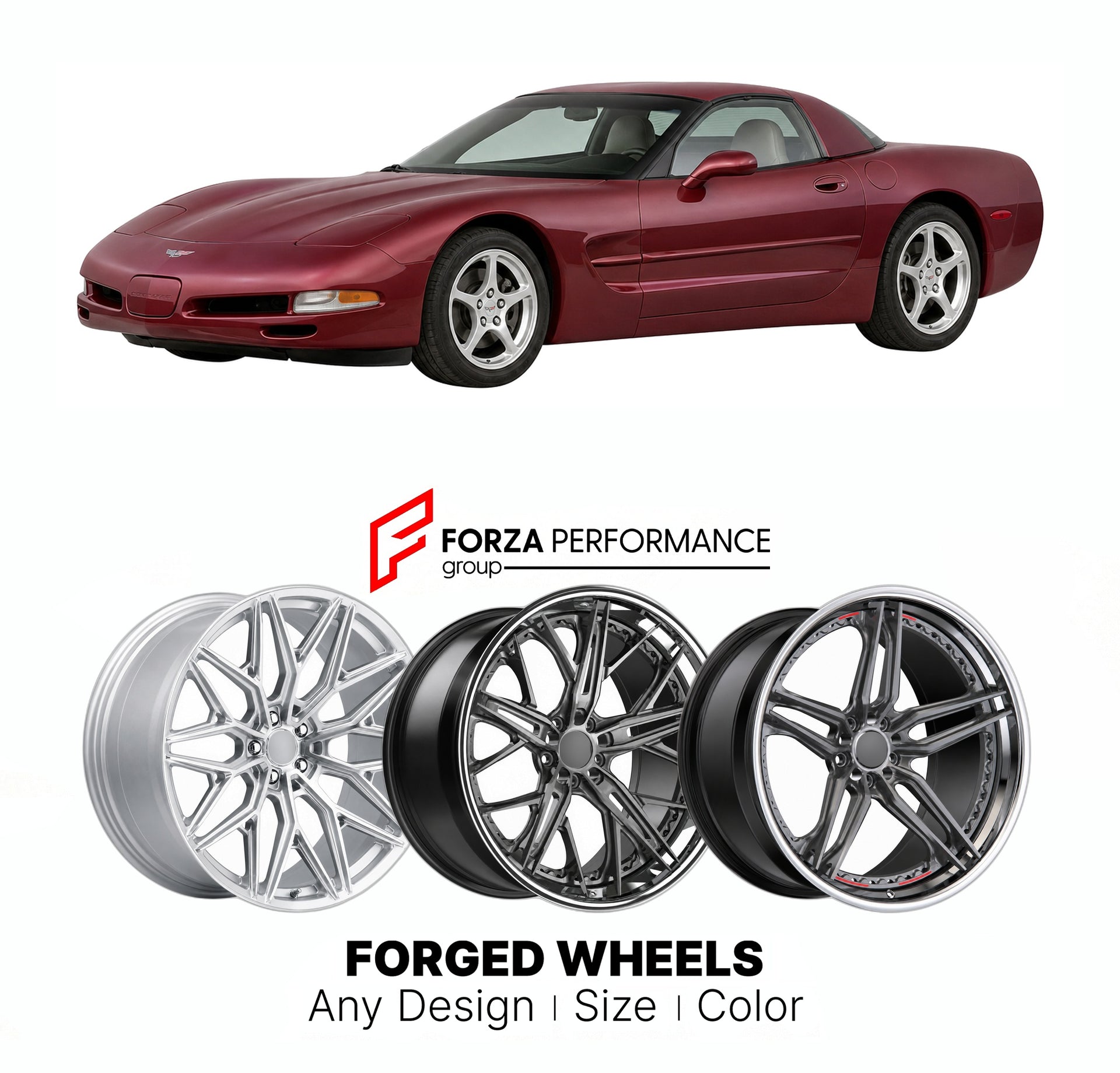 FORGED WHEELS RIMS for CHEVROLET CORVETTE FIXED ROOF COUPE C5 1997 - 2004

Custom forged wheels for Chevrolet Corvette Fixed Roof Coupe C5 1997 - 2004. Made-to-order monoblock, 2-piece and 3-piece rims in custom sizes, offsets, colors and finishes with guaranteed fitment.

We manufacture premium quality forged wheels rims for Chevrolet Corvette Fixed Roof Coupe C5 1997 - 2004 in any design, size, color.

THIS WHEEL DESIGN CAN BE CUSTOM-MADE FOR YOUR CAR IN ANY SIZE AND COLOR OPTIONS
Available in monoblock, 