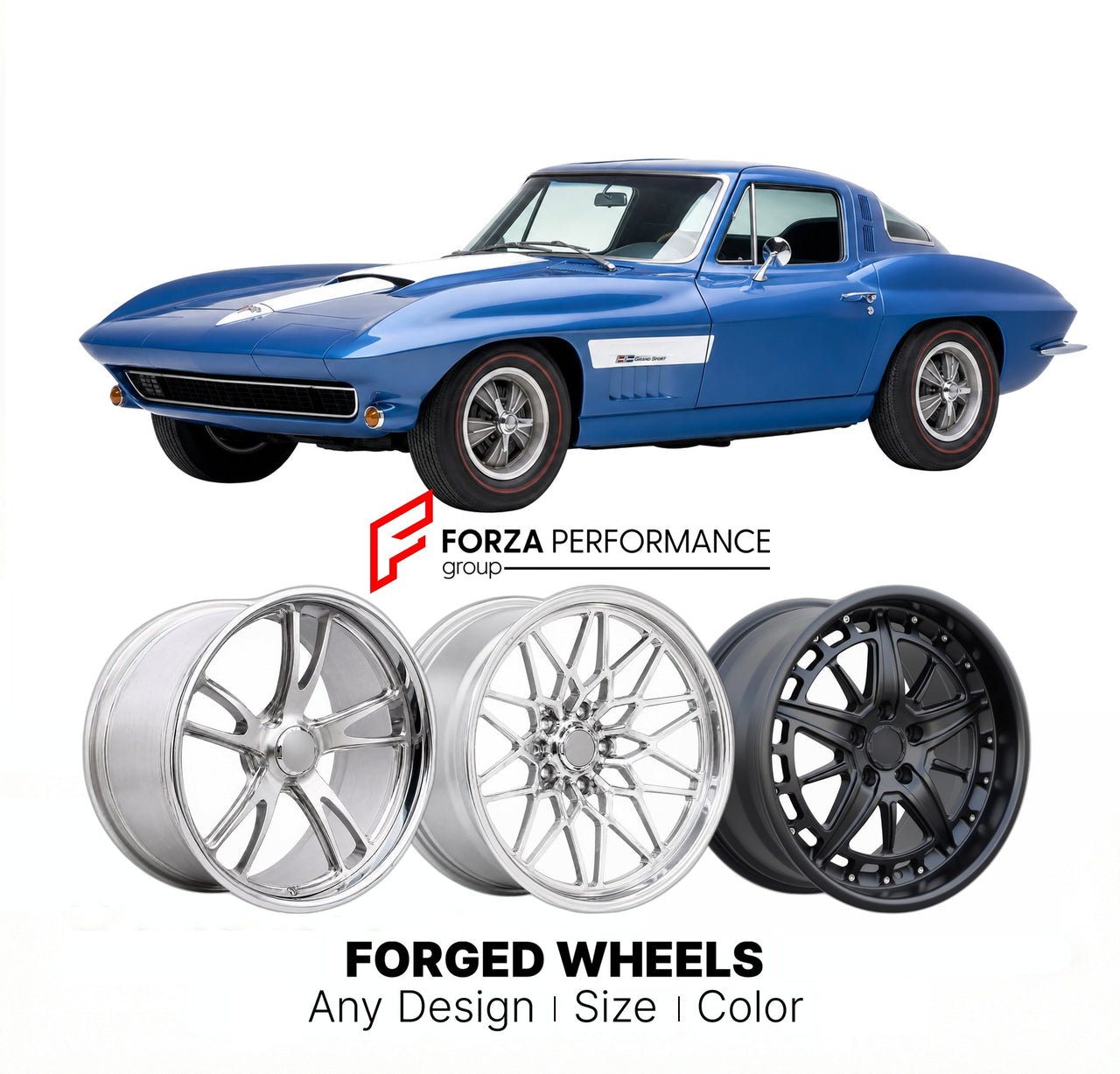 CUSTOM CLASSIC VINTAGE RESTOMOD RETRO OLD SCHOOL FORGED WHEELS RIMS for CHEVROLET CORVETTE GRAND SPORT 1963 - 1963
Custom forged wheels for classic American muscle cars. Ideal for restomod builds, vintage restorations, and show cars. Deep dish and retro styling available.

We manufacture premium quality forged wheels rims for Chevrolet Corvette Grand Sport 1963 - 1963 in any design, size, color.

THIS WHEEL DESIGN CAN BE CUSTOM-MADE FOR YOUR CAR IN ANY SIZE AND COLOR OPTIONS
Available in monoblock, 2-piece,