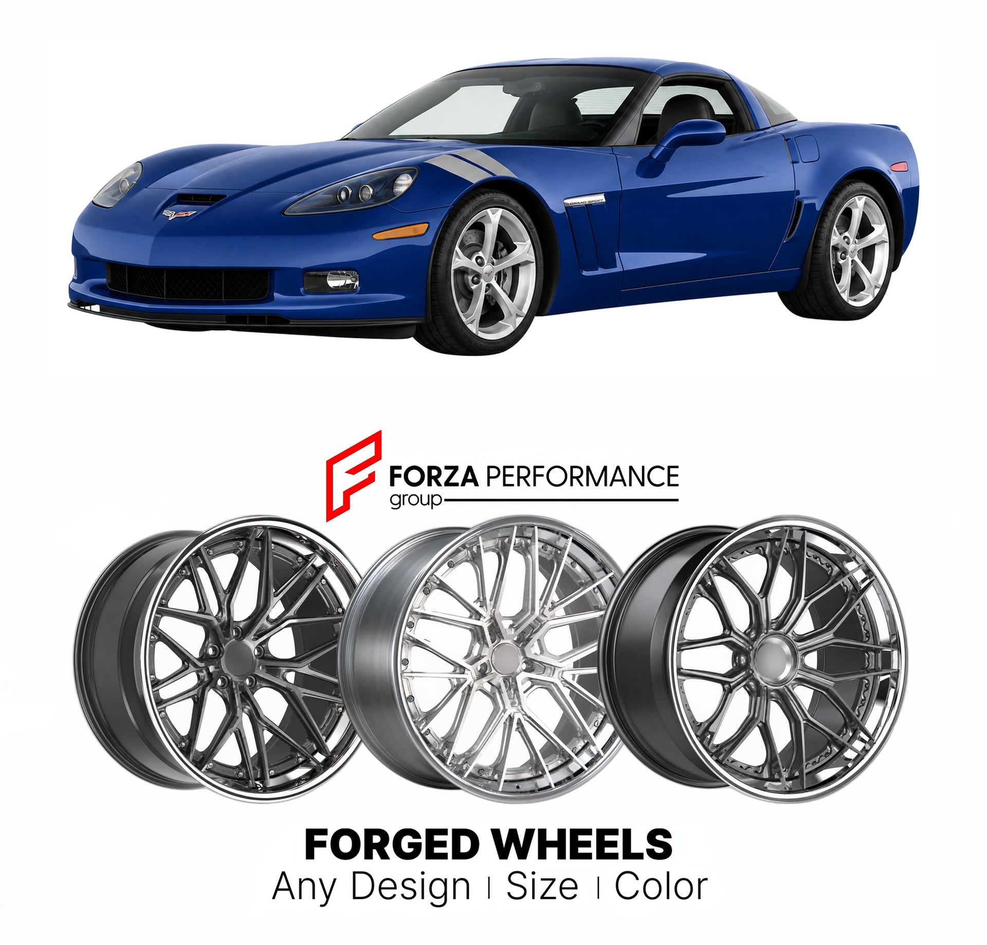 FORGED WHEELS RIMS for CHEVROLET CORVETTE GRAND SPORT C6 2010 - 2013

Custom forged wheels for Chevrolet Corvette Grand Sport C6 2010 - 2013. Made-to-order monoblock, 2-piece and 3-piece rims in custom sizes, offsets, colors and finishes with guaranteed fitment.

We manufacture premium quality forged wheels rims for Chevrolet Corvette Grand Sport C6 2010 - 2013 in any design, size, color.

THIS WHEEL DESIGN CAN BE CUSTOM-MADE FOR YOUR CAR IN ANY SIZE AND COLOR OPTIONS
Available in monoblock, 2-piece, 3-piec