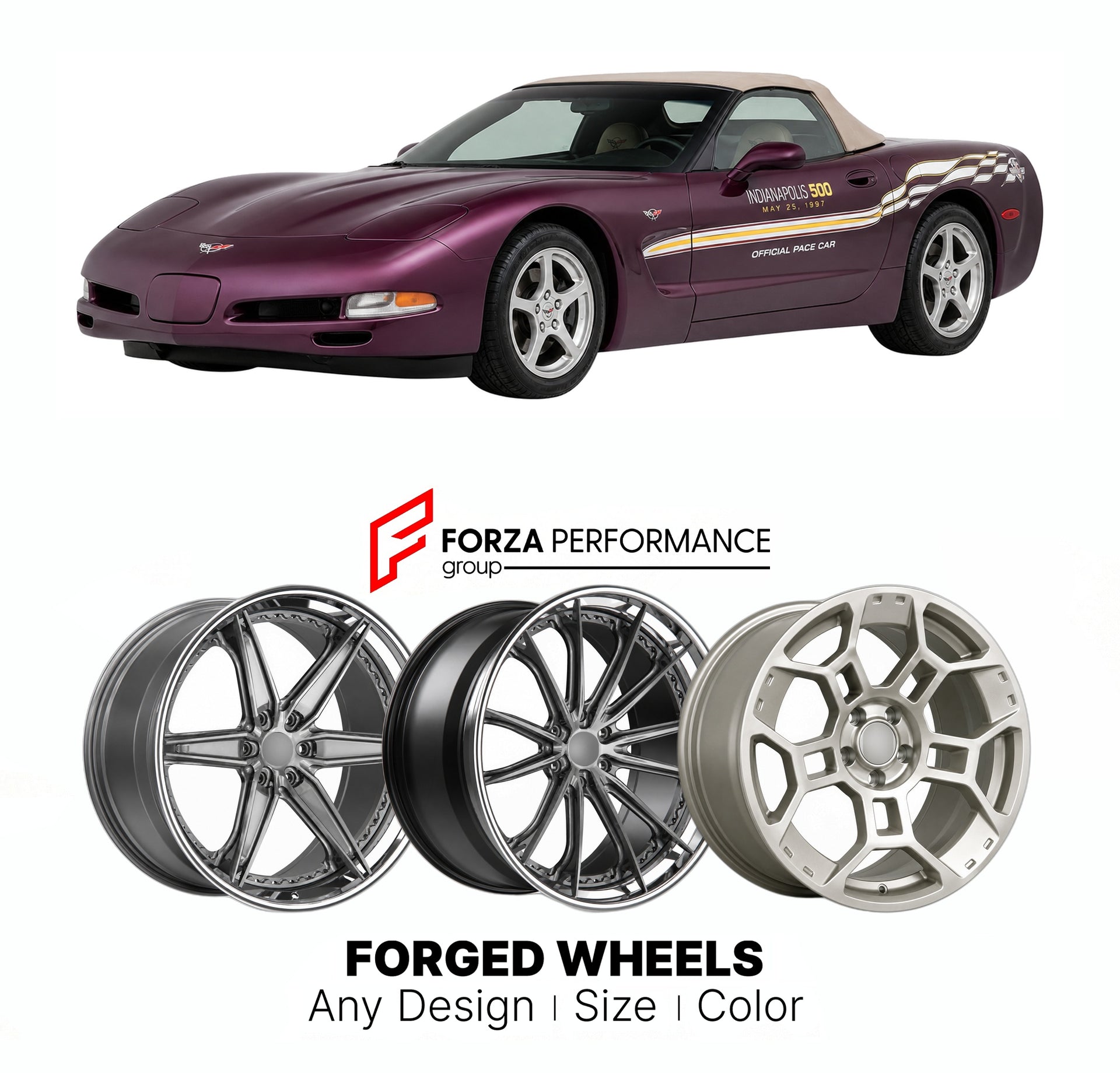 FORGED WHEELS RIMS for CHEVROLET CORVETTE INDY 500 PACE CAR REPLICA C5 1997 - 2004

Custom forged wheels for Chevrolet Corvette Indy 500 Pace Car Replica C5 1997 - 2004. Made-to-order monoblock, 2-piece and 3-piece rims in custom sizes, offsets, colors and finishes with guaranteed fitment.

We manufacture premium quality forged wheels rims for Chevrolet Corvette Indy 500 Pace Car Replica C5 1997 - 2004 in any design, size, color.

THIS WHEEL DESIGN CAN BE CUSTOM-MADE FOR YOUR CAR IN ANY SIZE AND COLOR OPTIO