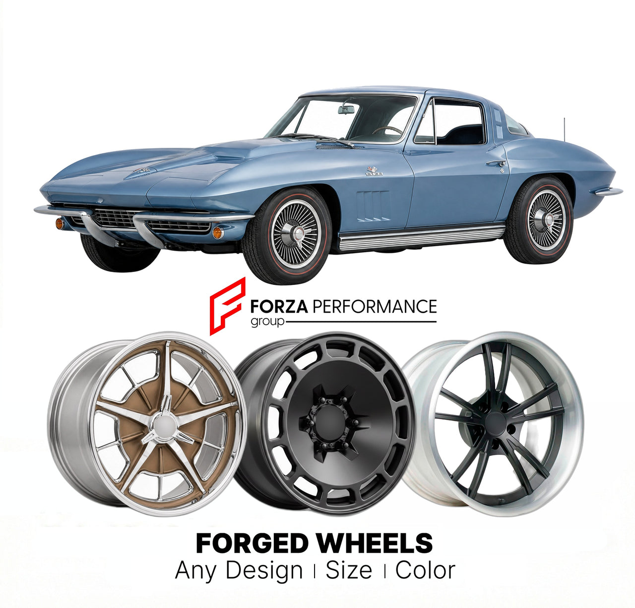 CUSTOM CLASSIC VINTAGE RESTOMOD RETRO OLD SCHOOL FORGED WHEELS RIMS for CHEVROLET CORVETTE L88 1967 - 1967
Custom forged wheels for classic American muscle cars. Ideal for restomod builds, vintage restorations, and show cars. Deep dish and retro styling available.

We manufacture premium quality forged wheels rims for Chevrolet Corvette L88 1967 - 1967 in any design, size, color.

THIS WHEEL DESIGN CAN BE CUSTOM-MADE FOR YOUR CAR IN ANY SIZE AND COLOR OPTIONS
Available in monoblock, 2-piece, 3-piece, duoblo