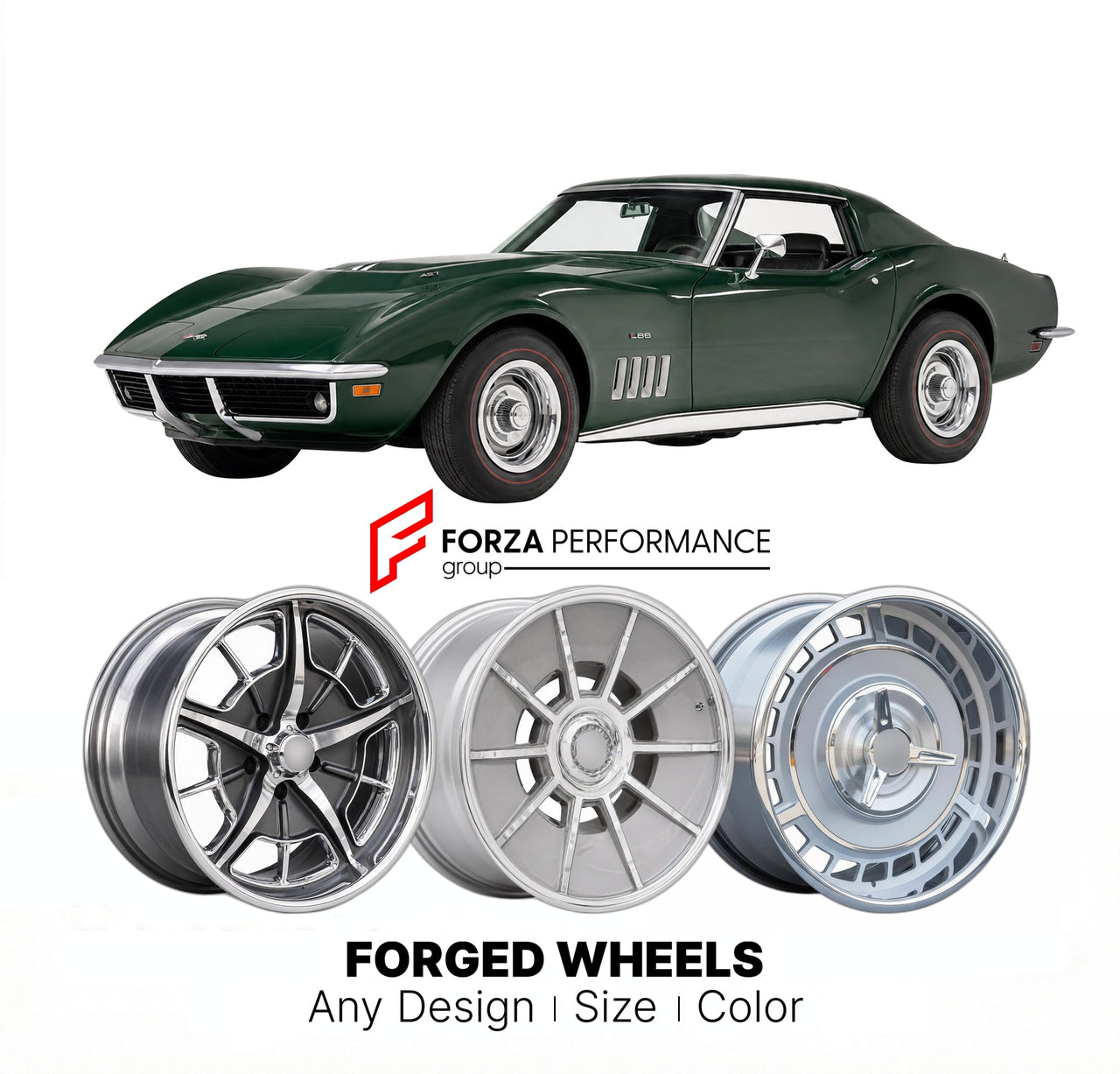 CUSTOM CLASSIC VINTAGE RESTOMOD RETRO OLD SCHOOL FORGED WHEELS RIMS for CHEVROLET CORVETTE L88 1968 - 1969
Custom forged wheels for classic American muscle cars. Ideal for restomod builds, vintage restorations, and show cars. Deep dish and retro styling available.

We manufacture premium quality forged wheels rims for Chevrolet Corvette L88 1968 - 1969 in any design, size, color.

THIS WHEEL DESIGN CAN BE CUSTOM-MADE FOR YOUR CAR IN ANY SIZE AND COLOR OPTIONS
Available in monoblock, 2-piece, 3-piece, duoblo