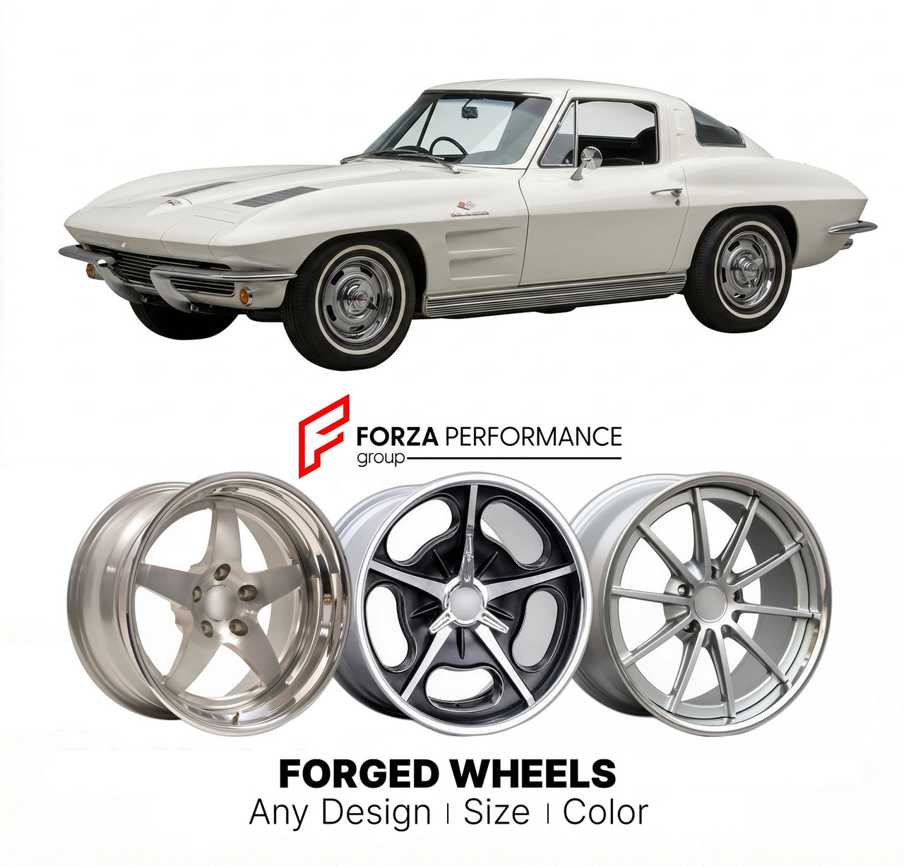 CUSTOM CLASSIC VINTAGE RESTOMOD RETRO OLD SCHOOL FORGED WHEELS RIMS for CHEVROLET CORVETTE STINGRAY 1963 - 1967
Custom forged wheels for classic American muscle cars. Ideal for restomod builds, vintage restorations, and show cars. Deep dish and retro styling available.

We manufacture premium quality forged wheels rims for Chevrolet Corvette Stingray 1963 - 1967 in any design, size, color.

THIS WHEEL DESIGN CAN BE CUSTOM-MADE FOR YOUR CAR IN ANY SIZE AND COLOR OPTIONS
Available in monoblock, 2-piece, 3-pie