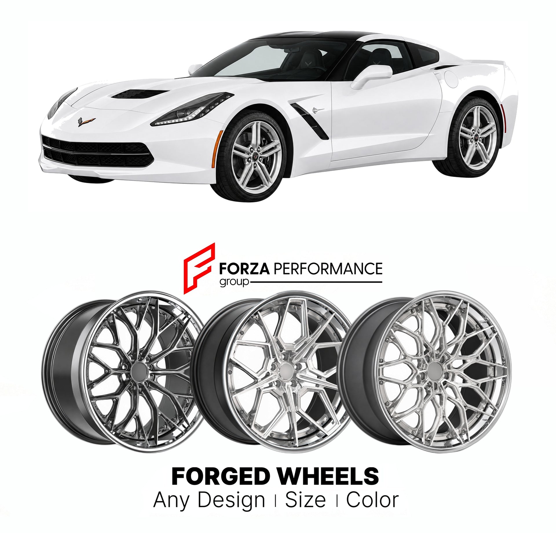 FORGED WHEELS RIMS for CHEVROLET CORVETTE STINGRAY C7 2014 - 2019

Custom forged wheels for Chevrolet Corvette Stingray C7 2014 - 2019. Made-to-order monoblock, 2-piece and 3-piece rims in custom sizes, offsets, colors and finishes with guaranteed fitment.

We manufacture premium quality forged wheels rims for Chevrolet Corvette Stingray C7 2014 - 2019 in any design, size, color.

THIS WHEEL DESIGN CAN BE CUSTOM-MADE FOR YOUR CAR IN ANY SIZE AND COLOR OPTIONS
Available in monoblock, 2-piece, 3-piece, duoblo