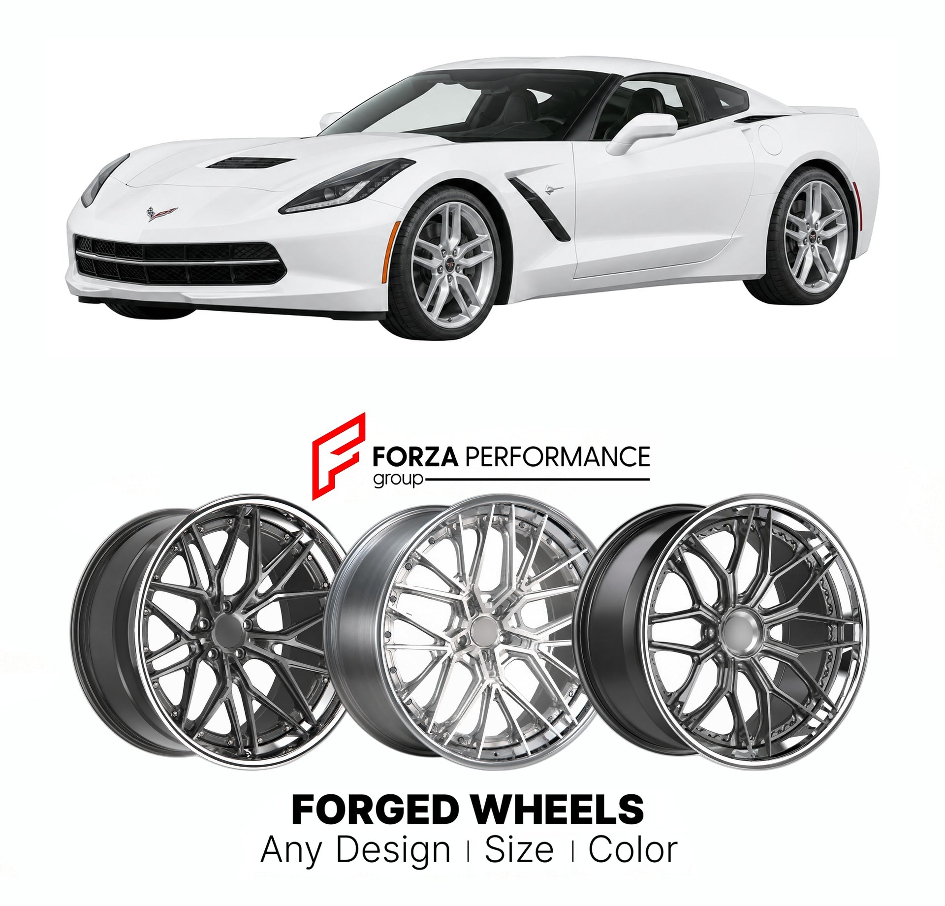 FORGED WHEELS RIMS for CHEVROLET CORVETTE STINGRAY Z51 C7 2014 - 2019

Custom forged wheels for Chevrolet Corvette Stingray Z51 C7 2014 - 2019. Made-to-order monoblock, 2-piece and 3-piece rims in custom sizes, offsets, colors and finishes with guaranteed fitment.

We manufacture premium quality forged wheels rims for Chevrolet Corvette Stingray Z51 C7 2014 - 2019 in any design, size, color.

THIS WHEEL DESIGN CAN BE CUSTOM-MADE FOR YOUR CAR IN ANY SIZE AND COLOR OPTIONS
Available in monoblock, 2-piece, 3-p