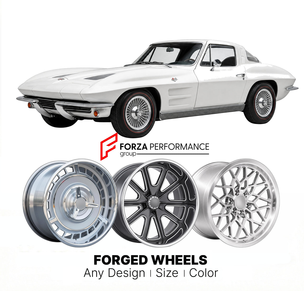 CUSTOM CLASSIC VINTAGE RESTOMOD RETRO OLD SCHOOL FORGED WHEELS RIMS for CHEVROLET CORVETTE Z06 1963 - 1963
Custom forged wheels for classic American muscle cars. Ideal for restomod builds, vintage restorations, and show cars. Deep dish and retro styling available.

We manufacture premium quality forged wheels rims for Chevrolet Corvette Z06 1963 - 1963 in any design, size, color.

THIS WHEEL DESIGN CAN BE CUSTOM-MADE FOR YOUR CAR IN ANY SIZE AND COLOR OPTIONS
Available in monoblock, 2-piece, 3-piece, duoblo