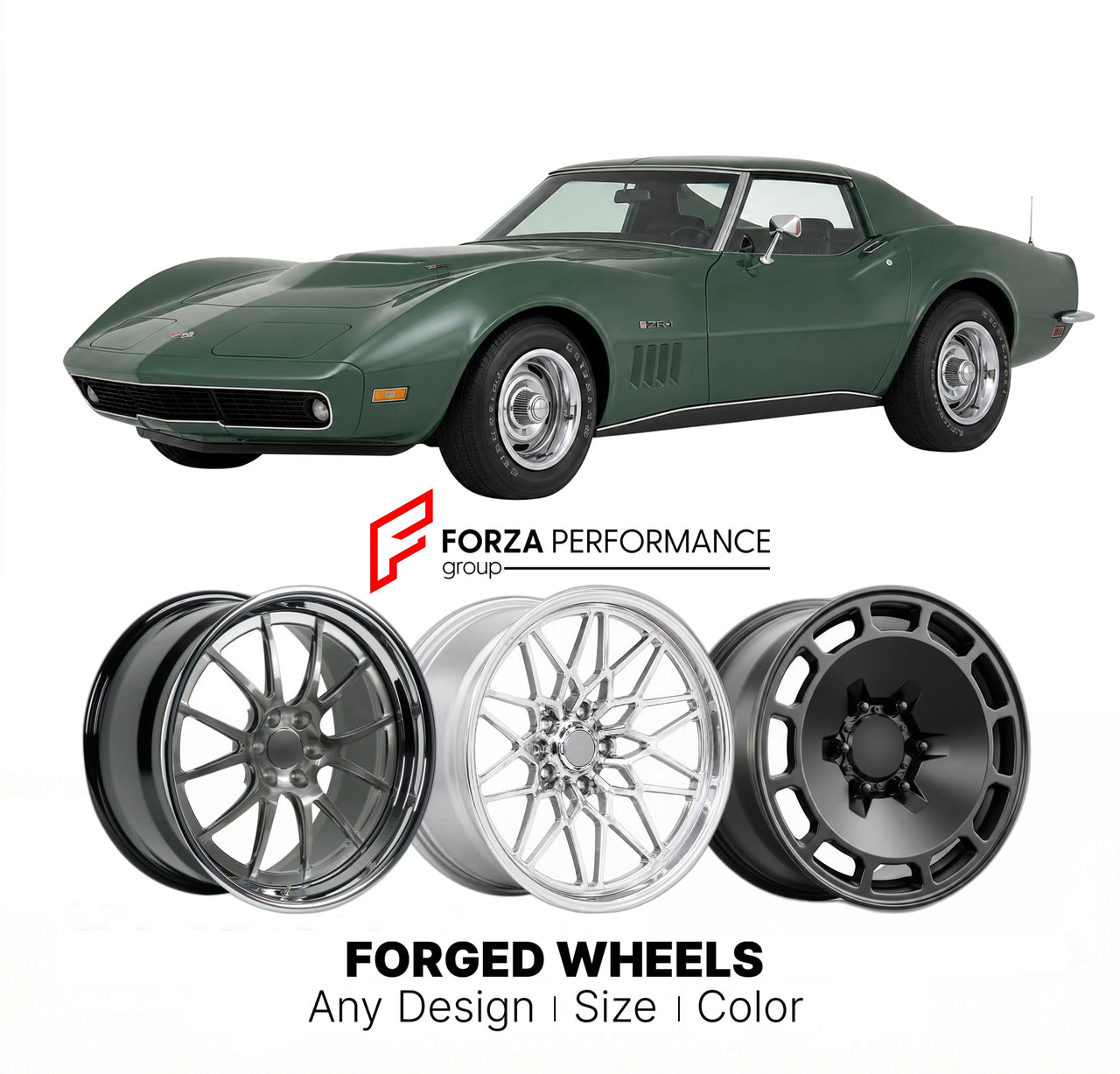 CUSTOM CLASSIC VINTAGE RESTOMOD RETRO OLD SCHOOL FORGED WHEELS RIMS for CHEVROLET CORVETTE ZR-1 1970 - 1970
Custom forged wheels for classic American muscle cars. Ideal for restomod builds, vintage restorations, and show cars. Deep dish and retro styling available.

We manufacture premium quality forged wheels rims for Chevrolet Corvette ZR-1 1970 - 1970 in any design, size, color.

THIS WHEEL DESIGN CAN BE CUSTOM-MADE FOR YOUR CAR IN ANY SIZE AND COLOR OPTIONS
Available in monoblock, 2-piece, 3-piece, duob