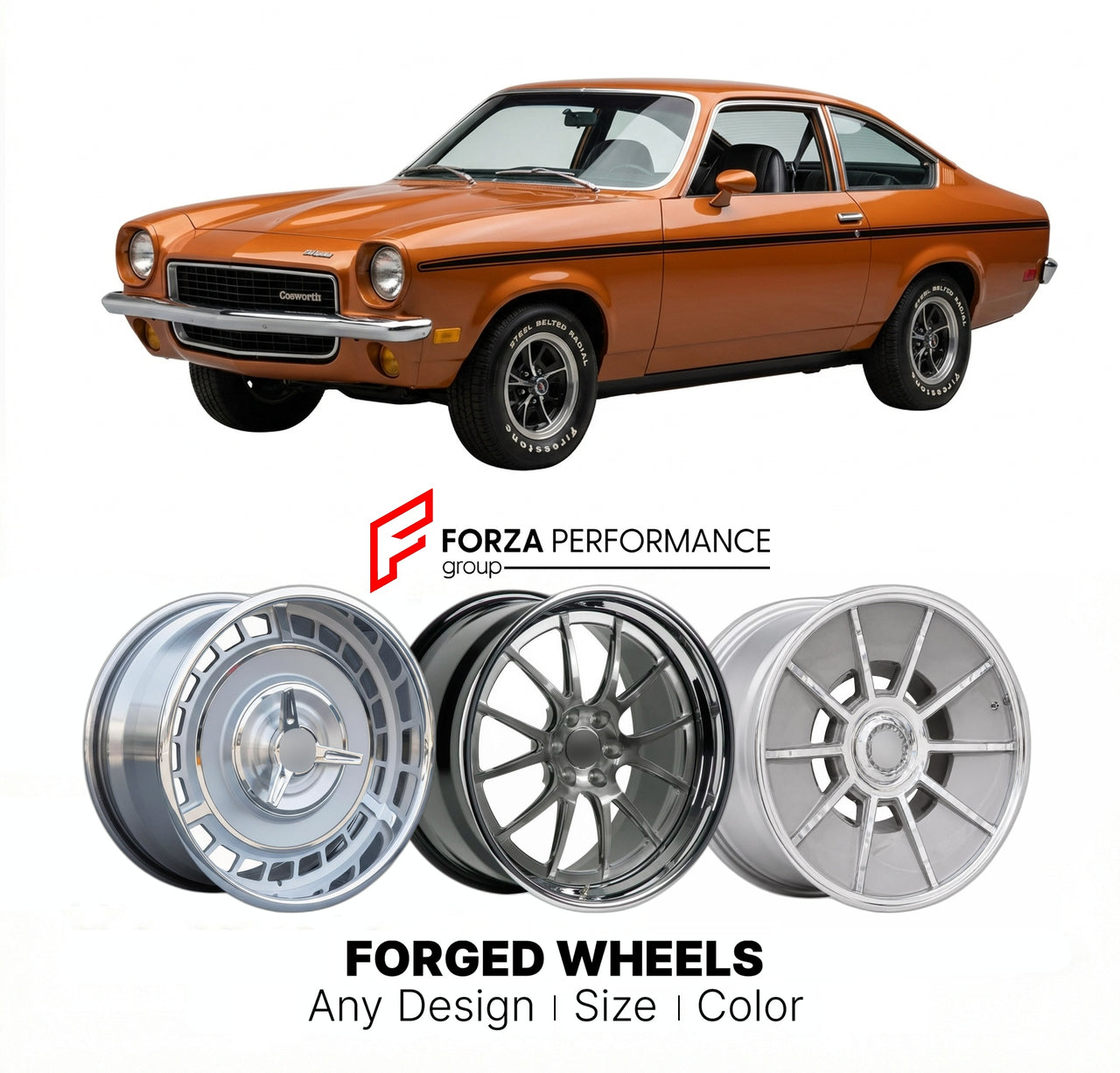 CUSTOM CLASSIC VINTAGE RESTOMOD RETRO OLD SCHOOL FORGED WHEELS RIMS for CHEVROLET COSWORTH VEGA 1975 - 1976
Custom forged wheels for classic American muscle cars. Ideal for restomod builds, vintage restorations, and show cars. Deep dish and retro styling available.

We manufacture premium quality forged wheels rims for Chevrolet Cosworth Vega 1975 - 1976 in any design, size, color.

THIS WHEEL DESIGN CAN BE CUSTOM-MADE FOR YOUR CAR IN ANY SIZE AND COLOR OPTIONS
Available in monoblock, 2-piece, 3-piece, duob