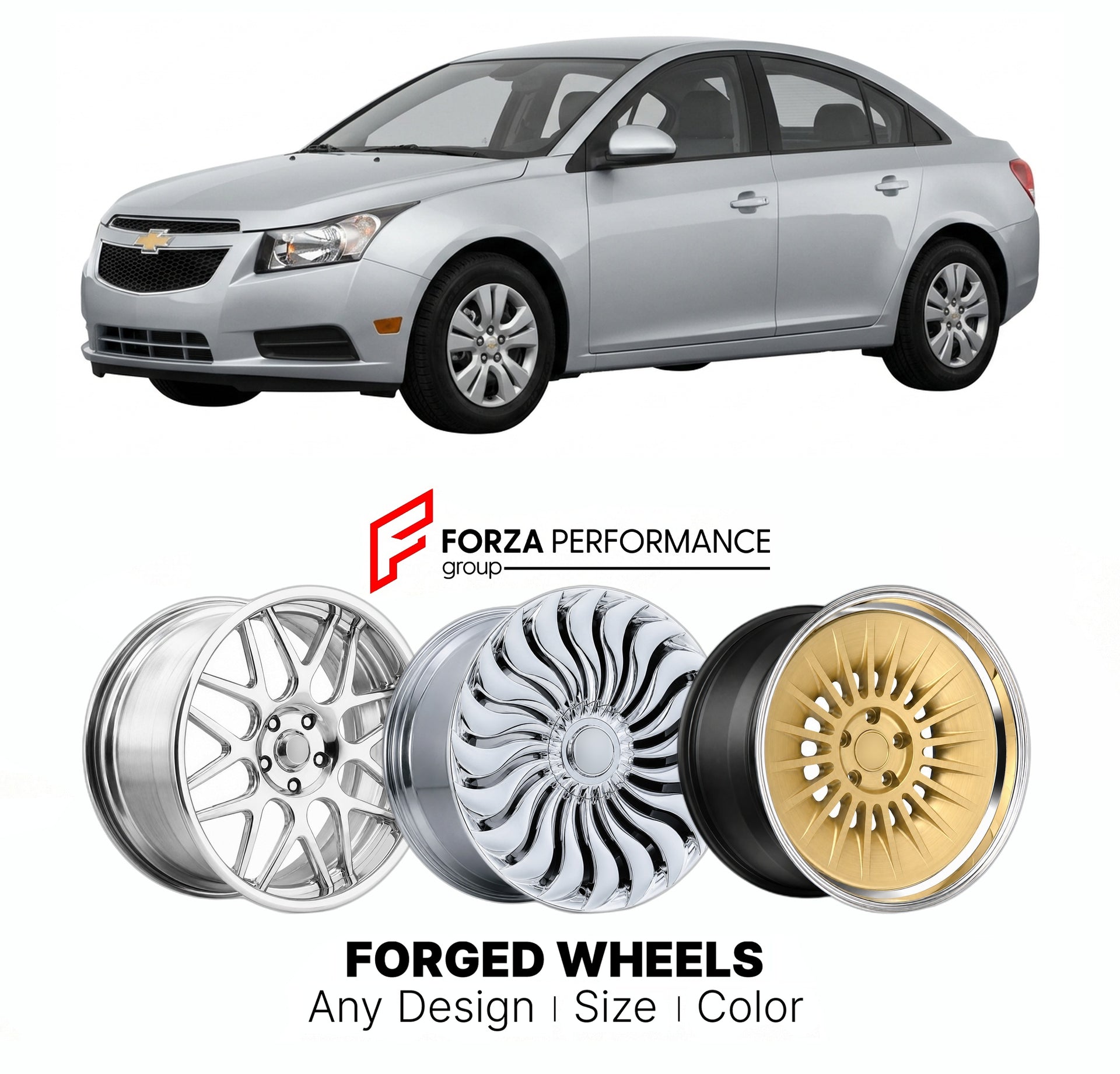 FORGED WHEELS RIMS for CHEVROLET CRUZE 2011 - 2015

Custom forged wheels for Chevrolet Cruze 2011 - 2015. Made-to-order monoblock, 2-piece and 3-piece rims in custom sizes, offsets, colors and finishes with guaranteed fitment.

We manufacture premium quality forged wheels rims for Chevrolet Cruze 2011 - 2015 in any design, size, color.

THIS WHEEL DESIGN CAN BE CUSTOM-MADE FOR YOUR CAR IN ANY SIZE AND COLOR OPTIONS
Available in monoblock, 2-piece, 3-piece, duoblock, beadlock
3D wheel renderings are provided