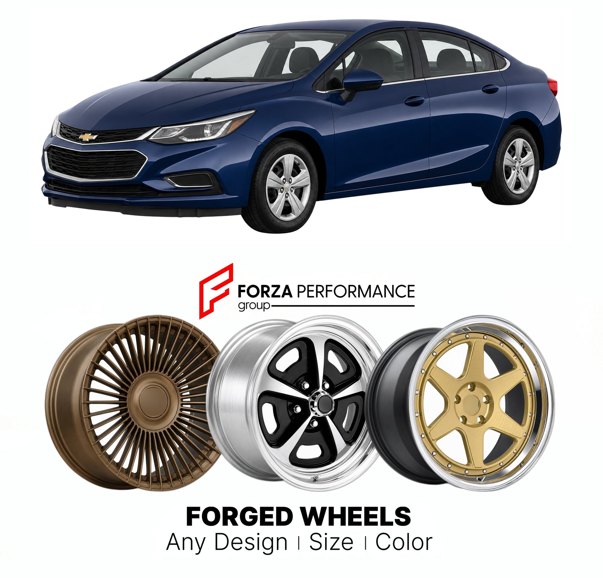 FORGED WHEELS RIMS for CHEVROLET CRUZE 2016 - 2019

Custom forged wheels for Chevrolet Cruze 2016 - 2019. Made-to-order monoblock, 2-piece and 3-piece rims in custom sizes, offsets, colors and finishes with guaranteed fitment.

We manufacture premium quality forged wheels rims for Chevrolet Cruze 2016 - 2019 in any design, size, color.

THIS WHEEL DESIGN CAN BE CUSTOM-MADE FOR YOUR CAR IN ANY SIZE AND COLOR OPTIONS
Available in monoblock, 2-piece, 3-piece, duoblock, beadlock
3D wheel renderings are provided