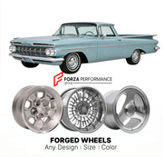 CUSTOM CLASSIC VINTAGE RESTOMOD RETRO OLD SCHOOL FORGED WHEELS RIMS for CHEVROLET EL CAMINO 1959 - 1960
Custom forged wheels for classic American muscle cars. Ideal for restomod builds, vintage restorations, and show cars. Deep dish and retro styling available.

We manufacture premium quality forged wheels rims for Chevrolet El Camino 1959 - 1960 in any design, size, color.

THIS WHEEL DESIGN CAN BE CUSTOM-MADE FOR YOUR CAR IN ANY SIZE AND COLOR OPTIONS
Available in monoblock, 2-piece, 3-piece, duoblock, be