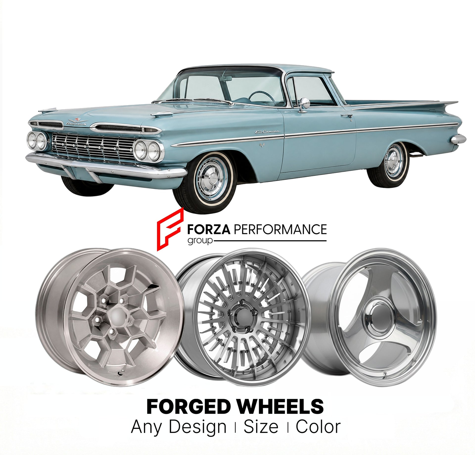 CUSTOM CLASSIC VINTAGE RESTOMOD RETRO OLD SCHOOL FORGED WHEELS RIMS for CHEVROLET EL CAMINO 1959 - 1960
Custom forged wheels for classic American muscle cars. Ideal for restomod builds, vintage restorations, and show cars. Deep dish and retro styling available.

We manufacture premium quality forged wheels rims for Chevrolet El Camino 1959 - 1960 in any design, size, color.

THIS WHEEL DESIGN CAN BE CUSTOM-MADE FOR YOUR CAR IN ANY SIZE AND COLOR OPTIONS
Available in monoblock, 2-piece, 3-piece, duoblock, be