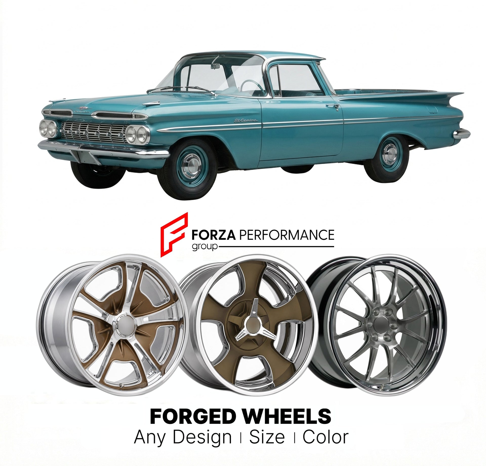 CUSTOM CLASSIC VINTAGE RESTOMOD RETRO OLD SCHOOL FORGED WHEELS RIMS for CHEVROLET EL CAMINO 1959 - 1987
Custom forged wheels for classic American muscle cars. Ideal for restomod builds, vintage restorations, and show cars. Deep dish and retro styling available.

We manufacture premium quality forged wheels rims for Chevrolet El Camino 1959 - 1987 in any design, size, color.

THIS WHEEL DESIGN CAN BE CUSTOM-MADE FOR YOUR CAR IN ANY SIZE AND COLOR OPTIONS
Available in monoblock, 2-piece, 3-piece, duoblock, be
