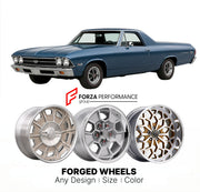 CUSTOM CLASSIC VINTAGE RESTOMOD RETRO OLD SCHOOL FORGED WHEELS RIMS for CHEVROLET EL CAMINO 1968 - 1972
Custom forged wheels for classic American muscle cars. Ideal for restomod builds, vintage restorations, and show cars. Deep dish and retro styling available.

We manufacture premium quality forged wheels rims for Chevrolet El Camino 1968 - 1972 in any design, size, color.

THIS WHEEL DESIGN CAN BE CUSTOM-MADE FOR YOUR CAR IN ANY SIZE AND COLOR OPTIONS
Available in monoblock, 2-piece, 3-piece, duoblock, be