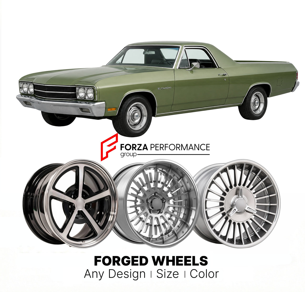 CUSTOM CLASSIC VINTAGE RESTOMOD RETRO OLD SCHOOL FORGED WHEELS RIMS for CHEVROLET EL CAMINO 1973 - 1977
Custom forged wheels for classic American muscle cars. Ideal for restomod builds, vintage restorations, and show cars. Deep dish and retro styling available.

We manufacture premium quality forged wheels rims for Chevrolet El Camino 1973 - 1977 in any design, size, color.

THIS WHEEL DESIGN CAN BE CUSTOM-MADE FOR YOUR CAR IN ANY SIZE AND COLOR OPTIONS
Available in monoblock, 2-piece, 3-piece, duoblock, be