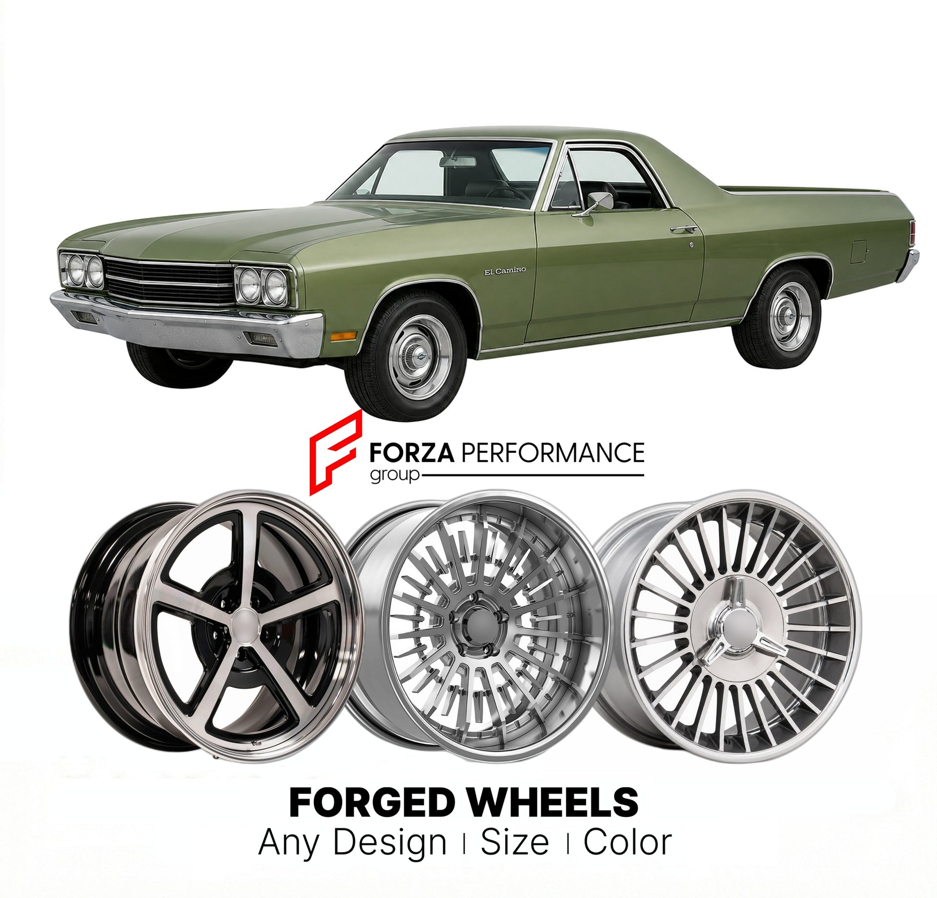 CUSTOM CLASSIC VINTAGE RESTOMOD RETRO OLD SCHOOL FORGED WHEELS RIMS for CHEVROLET EL CAMINO 1973 - 1977
Custom forged wheels for classic American muscle cars. Ideal for restomod builds, vintage restorations, and show cars. Deep dish and retro styling available.

We manufacture premium quality forged wheels rims for Chevrolet El Camino 1973 - 1977 in any design, size, color.

THIS WHEEL DESIGN CAN BE CUSTOM-MADE FOR YOUR CAR IN ANY SIZE AND COLOR OPTIONS
Available in monoblock, 2-piece, 3-piece, duoblock, be