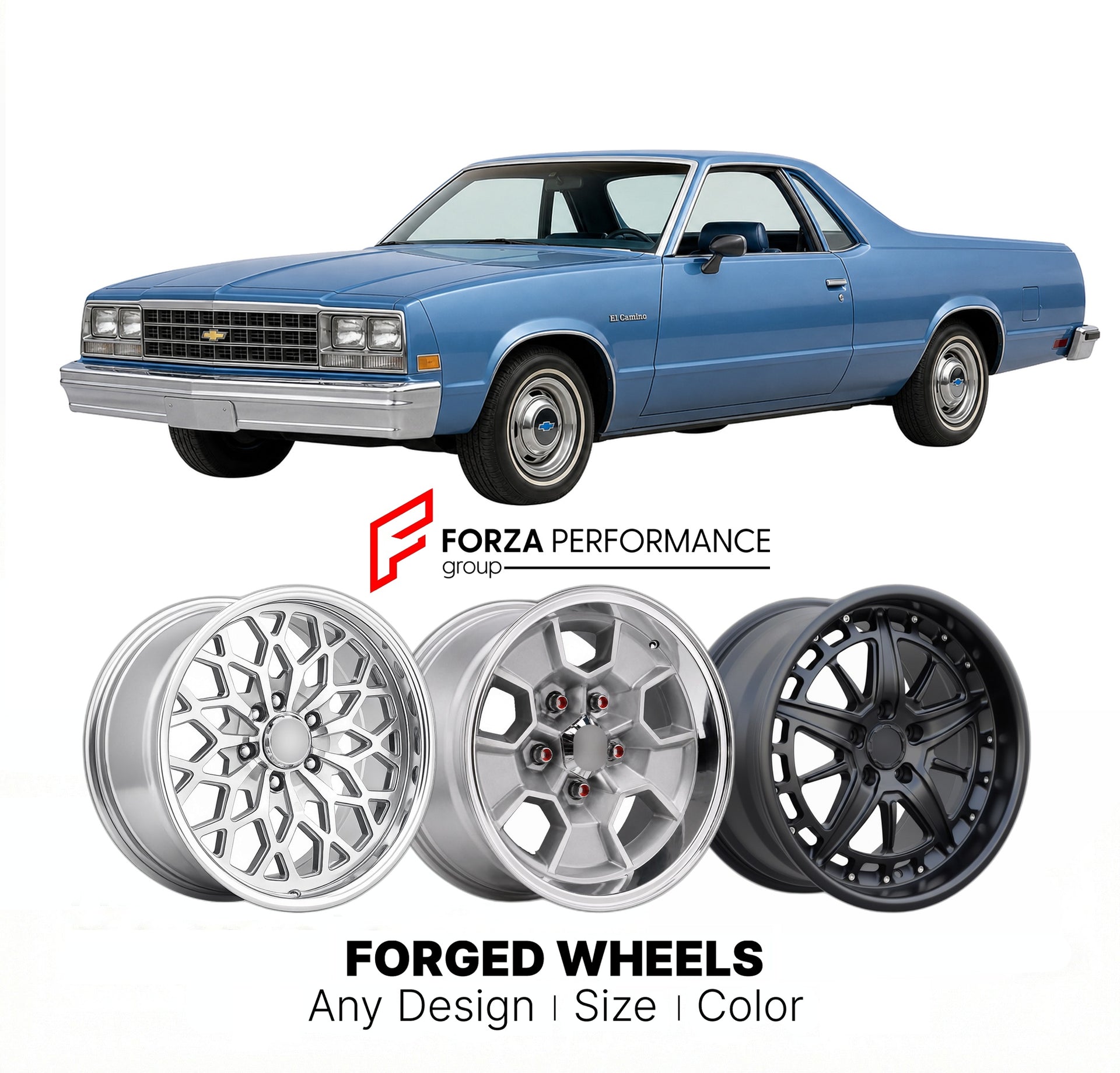 CUSTOM CLASSIC VINTAGE RESTOMOD RETRO OLD SCHOOL FORGED WHEELS RIMS for CHEVROLET EL CAMINO 1978 - 1987
Custom forged wheels for classic American muscle cars. Ideal for restomod builds, vintage restorations, and show cars. Deep dish and retro styling available.

We manufacture premium quality forged wheels rims for Chevrolet El Camino 1978 - 1987 in any design, size, color.

THIS WHEEL DESIGN CAN BE CUSTOM-MADE FOR YOUR CAR IN ANY SIZE AND COLOR OPTIONS
Available in monoblock, 2-piece, 3-piece, duoblock, be