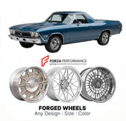 CUSTOM CLASSIC VINTAGE RESTOMOD RETRO OLD SCHOOL FORGED WHEELS RIMS for CHEVROLET EL CAMINO SS 1968 - 1972
Custom forged wheels for classic American muscle cars. Ideal for restomod builds, vintage restorations, and show cars. Deep dish and retro styling available.

We manufacture premium quality forged wheels rims for Chevrolet El Camino SS 1968 - 1972 in any design, size, color.

THIS WHEEL DESIGN CAN BE CUSTOM-MADE FOR YOUR CAR IN ANY SIZE AND COLOR OPTIONS
Available in monoblock, 2-piece, 3-piece, duoblo