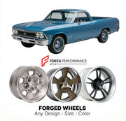 CUSTOM CLASSIC VINTAGE RESTOMOD RETRO OLD SCHOOL FORGED WHEELS RIMS for CHEVROLET EL CAMINO SS 396 1966 - 1967
Custom forged wheels for classic American muscle cars. Ideal for restomod builds, vintage restorations, and show cars. Deep dish and retro styling available.

We manufacture premium quality forged wheels rims for Chevrolet El Camino SS 396 1966 - 1967 in any design, size, color.

THIS WHEEL DESIGN CAN BE CUSTOM-MADE FOR YOUR CAR IN ANY SIZE AND COLOR OPTIONS
Available in monoblock, 2-piece, 3-piece
