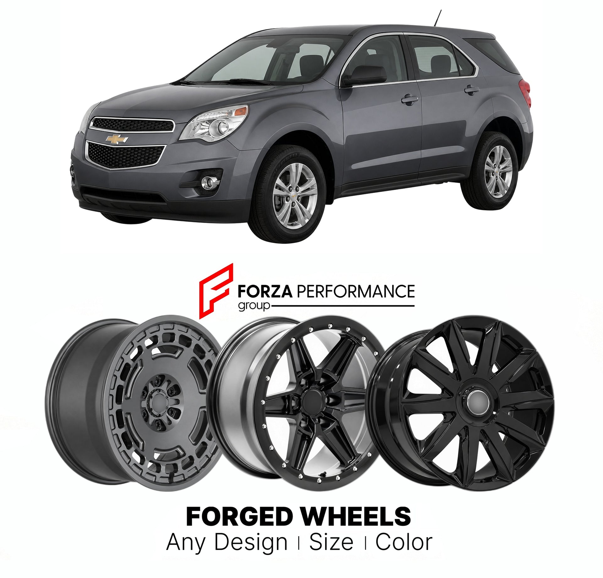 FORGED WHEELS RIMS for CHEVROLET EQUINOX 2010 - 2017

Custom forged wheels for Chevrolet Equinox 2010 - 2017. Made-to-order monoblock, 2-piece and 3-piece rims in custom sizes, offsets, colors and finishes with guaranteed fitment.

We manufacture premium quality forged wheels rims for Chevrolet Equinox 2010 - 2017 in any design, size, color.

THIS WHEEL DESIGN CAN BE CUSTOM-MADE FOR YOUR CAR IN ANY SIZE AND COLOR OPTIONS
Available in monoblock, 2-piece, 3-piece, duoblock, beadlock
3D wheel renderings are pr
