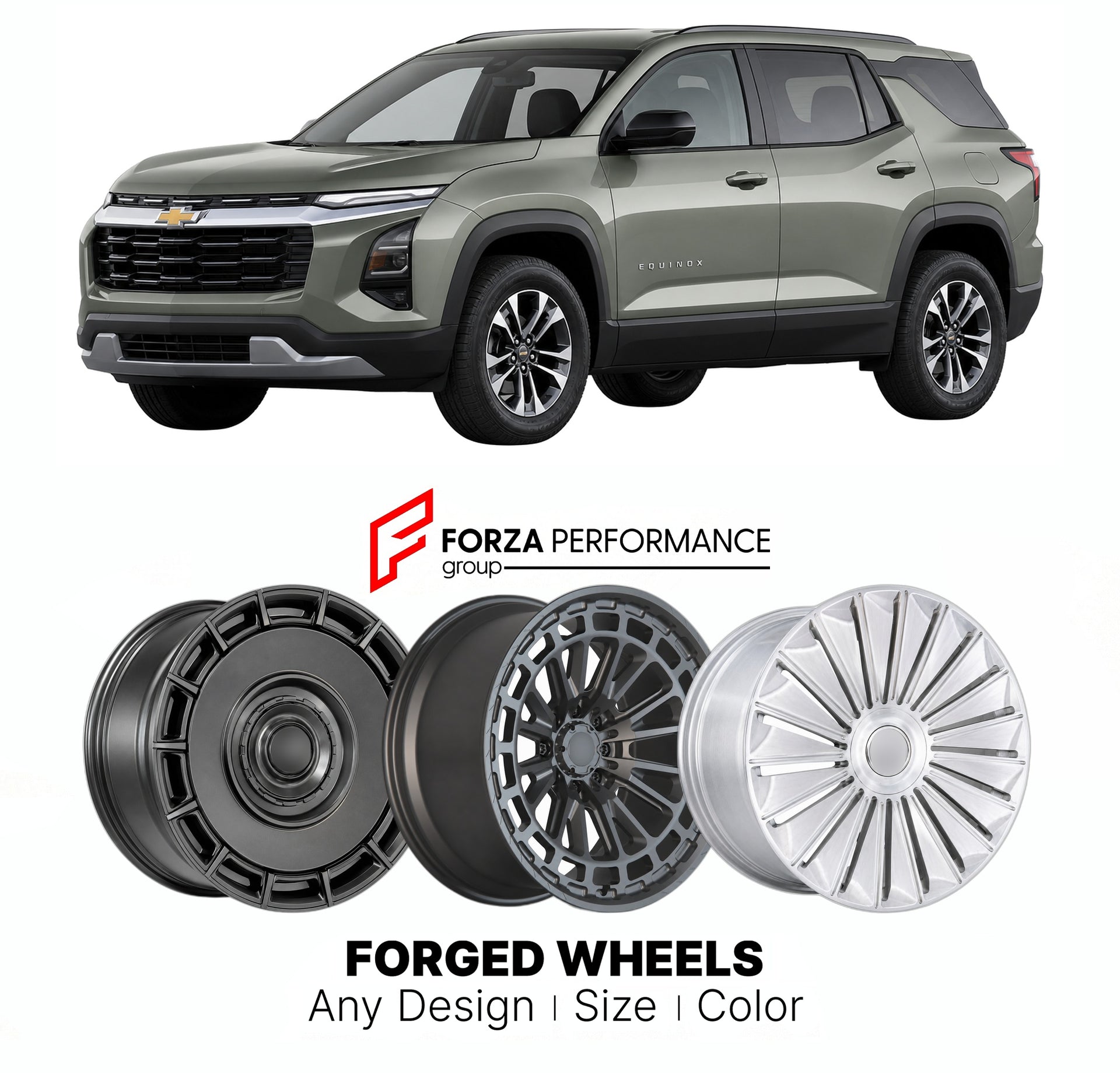 FORGED WHEELS RIMS for CHEVROLET EQUINOX 2025+

Custom forged wheels for Chevrolet Equinox 2025+. Made-to-order monoblock, 2-piece and 3-piece rims in custom sizes, offsets, colors and finishes with guaranteed fitment.

We manufacture premium quality forged wheels rims for Chevrolet Equinox 2025+ in any design, size, color.

THIS WHEEL DESIGN CAN BE CUSTOM-MADE FOR YOUR CAR IN ANY SIZE AND COLOR OPTIONS
Available in monoblock, 2-piece, 3-piece, duoblock, beadlock
3D wheel renderings are provided according t