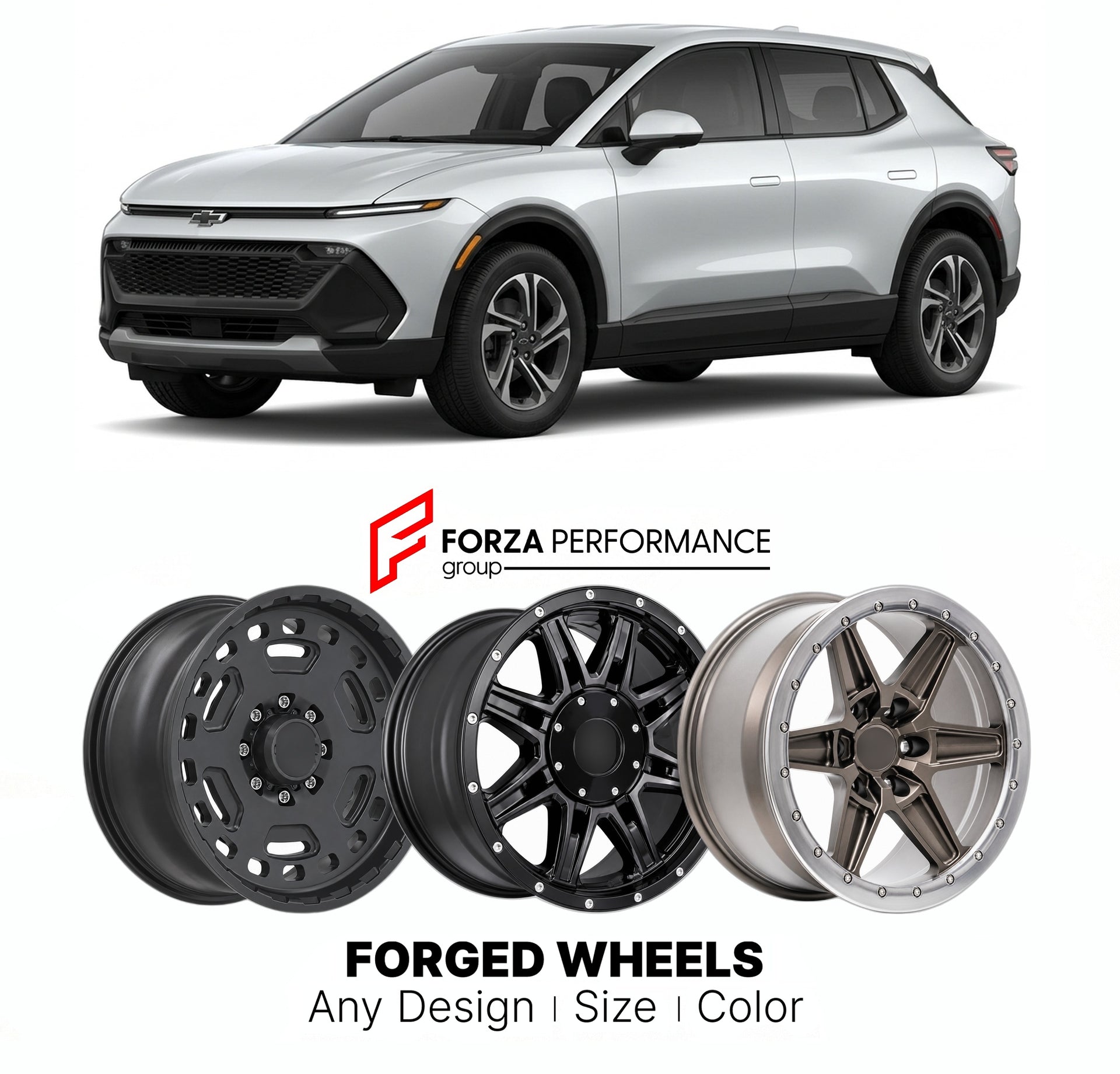 FORGED WHEELS RIMS for CHEVROLET EQUINOX EV 2024+

Custom forged wheels for Chevrolet Equinox EV 2024+. Made-to-order monoblock, 2-piece and 3-piece rims in custom sizes, offsets, colors and finishes with guaranteed fitment.

We manufacture premium quality forged wheels rims for Chevrolet Equinox EV 2024+ in any design, size, color.

THIS WHEEL DESIGN CAN BE CUSTOM-MADE FOR YOUR CAR IN ANY SIZE AND COLOR OPTIONS
Available in monoblock, 2-piece, 3-piece, duoblock, beadlock
3D wheel renderings are provided ac