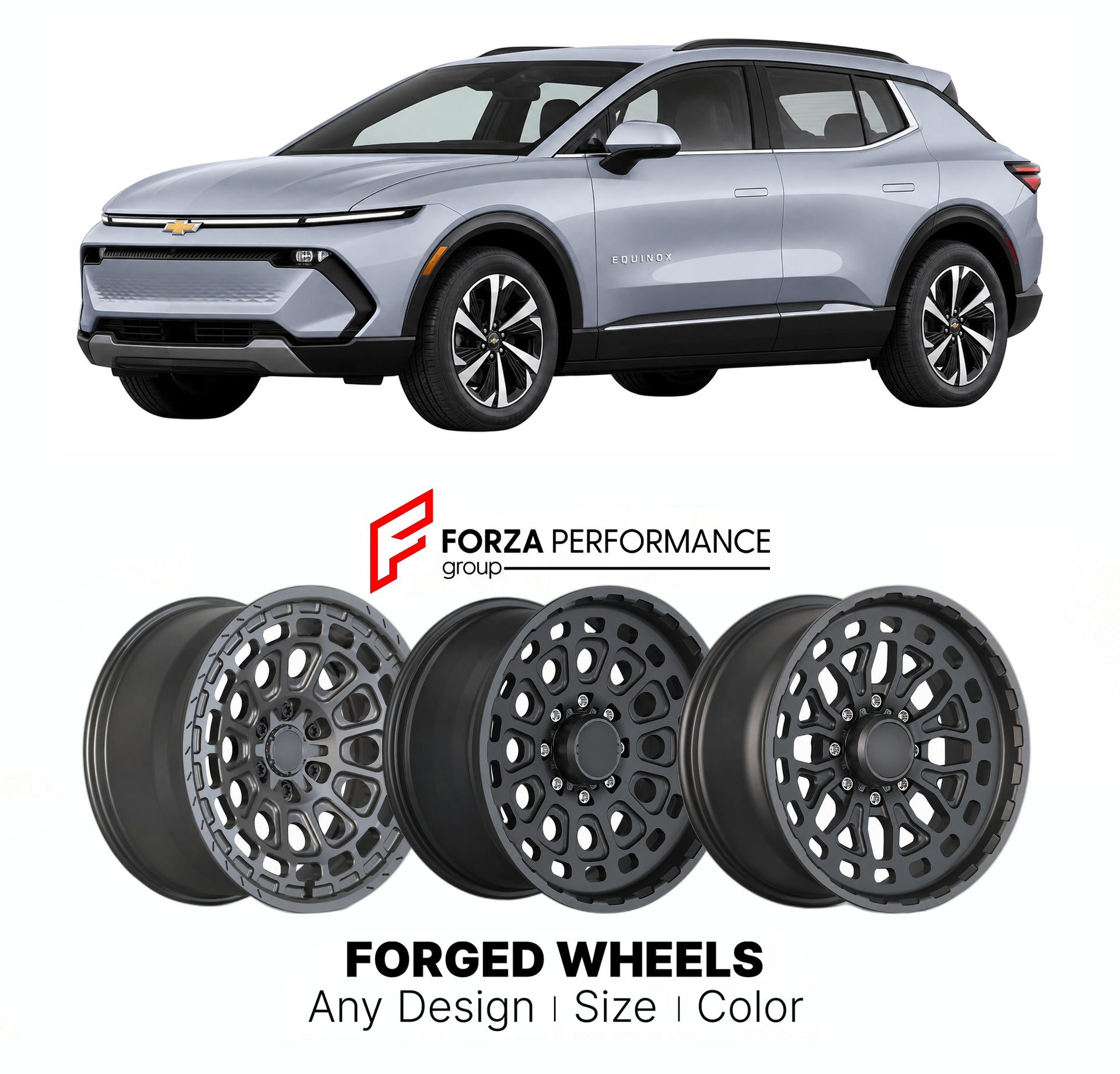 FORGED WHEELS RIMS for CHEVROLET EQUINOX EV 2LT 2024+

Custom forged wheels for Chevrolet Equinox EV 2LT 2024+. Made-to-order monoblock, 2-piece and 3-piece rims in custom sizes, offsets, colors and finishes with guaranteed fitment.

We manufacture premium quality forged wheels rims for Chevrolet Equinox EV 2LT 2024+ in any design, size, color.

THIS WHEEL DESIGN CAN BE CUSTOM-MADE FOR YOUR CAR IN ANY SIZE AND COLOR OPTIONS
Available in monoblock, 2-piece, 3-piece, duoblock, beadlock
3D wheel renderings are