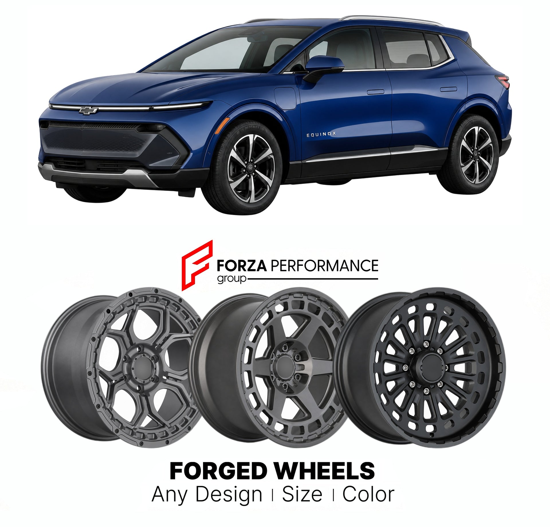 FORGED WHEELS RIMS for CHEVROLET EQUINOX EV 3LT 2024+

Custom forged wheels for Chevrolet Equinox EV 3LT 2024+. Made-to-order monoblock, 2-piece and 3-piece rims in custom sizes, offsets, colors and finishes with guaranteed fitment.

We manufacture premium quality forged wheels rims for Chevrolet Equinox EV 3LT 2024+ in any design, size, color.

THIS WHEEL DESIGN CAN BE CUSTOM-MADE FOR YOUR CAR IN ANY SIZE AND COLOR OPTIONS
Available in monoblock, 2-piece, 3-piece, duoblock, beadlock
3D wheel renderings are