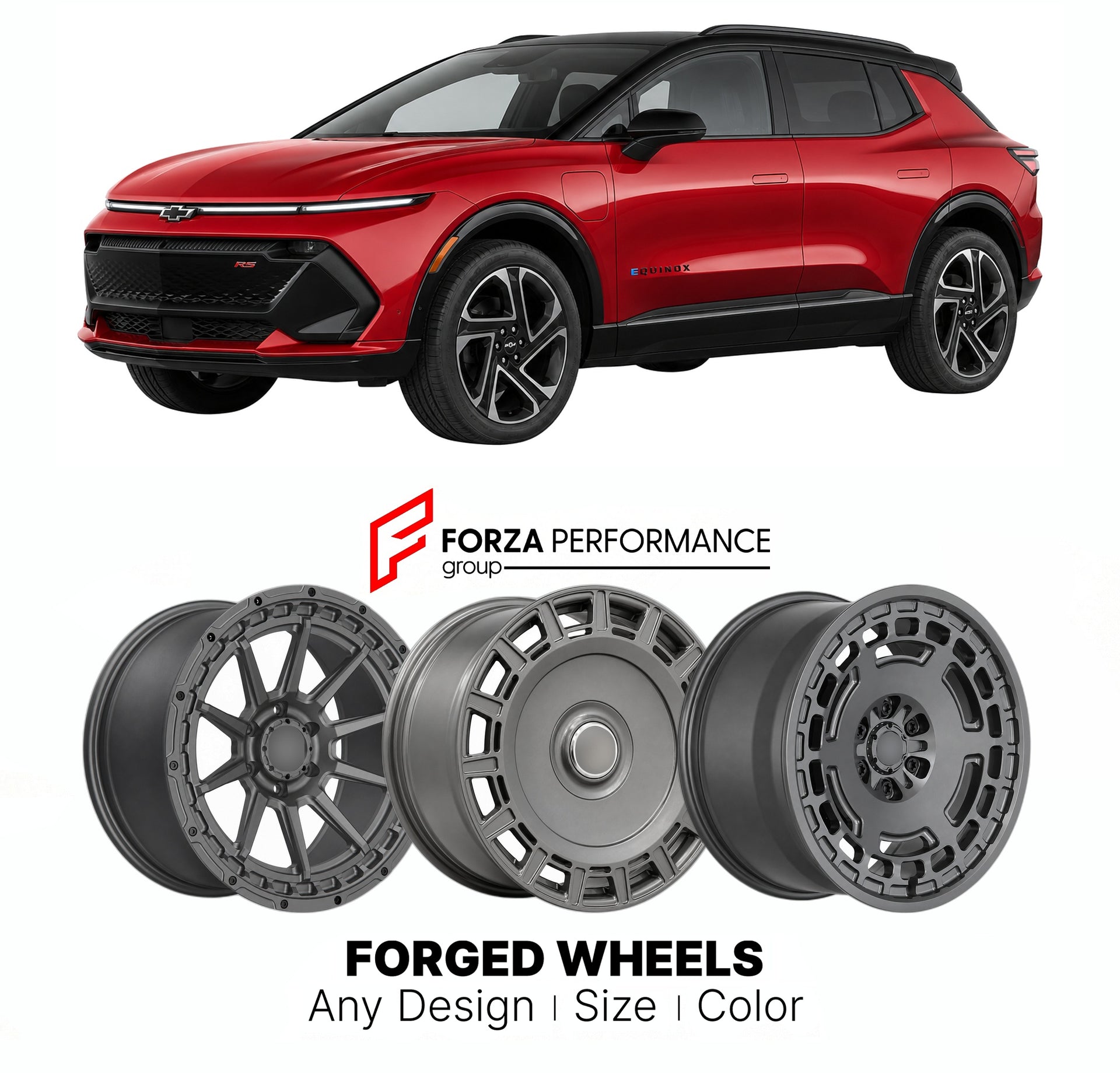 FORGED WHEELS RIMS for CHEVROLET EQUINOX EV 3RS 2024+

Custom forged wheels for Chevrolet Equinox EV 3RS 2024+. Made-to-order monoblock, 2-piece and 3-piece rims in custom sizes, offsets, colors and finishes with guaranteed fitment.

We manufacture premium quality forged wheels rims for Chevrolet Equinox EV 3RS 2024+ in any design, size, color.

THIS WHEEL DESIGN CAN BE CUSTOM-MADE FOR YOUR CAR IN ANY SIZE AND COLOR OPTIONS
Available in monoblock, 2-piece, 3-piece, duoblock, beadlock
3D wheel renderings are