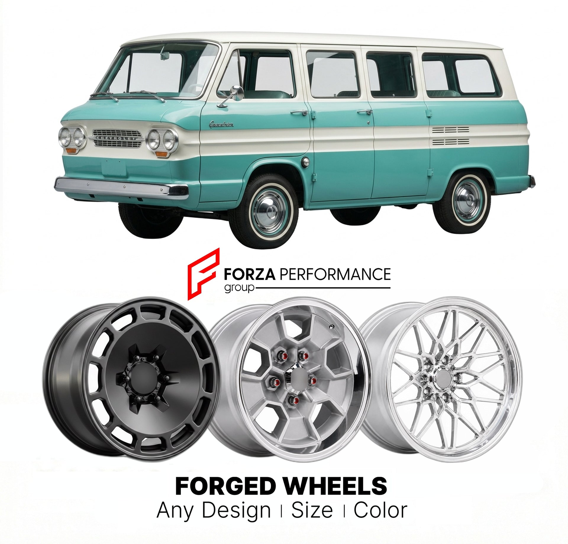 CUSTOM CLASSIC VINTAGE RESTOMOD RETRO OLD SCHOOL FORGED WHEELS RIMS for CHEVROLET GREENBRIER 1961 - 1965
Custom forged wheels for classic American muscle cars. Ideal for restomod builds, vintage restorations, and show cars. Deep dish and retro styling available.

We manufacture premium quality forged wheels rims for Chevrolet Greenbrier 1961 - 1965 in any design, size, color.

THIS WHEEL DESIGN CAN BE CUSTOM-MADE FOR YOUR CAR IN ANY SIZE AND COLOR OPTIONS
Available in monoblock, 2-piece, 3-piece, duoblock, 