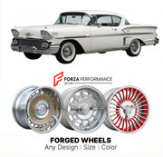 CUSTOM CLASSIC VINTAGE RESTOMOD RETRO OLD SCHOOL FORGED WHEELS RIMS for CHEVROLET IMPALA 1958 - 1964
Custom forged wheels for classic American muscle cars. Ideal for restomod builds, vintage restorations, and show cars. Deep dish and retro styling available.

We manufacture premium quality forged wheels rims for Chevrolet Impala 1958 - 1964 in any design, size, color.

THIS WHEEL DESIGN CAN BE CUSTOM-MADE FOR YOUR CAR IN ANY SIZE AND COLOR OPTIONS
Available in monoblock, 2-piece, 3-piece, duoblock, beadlock