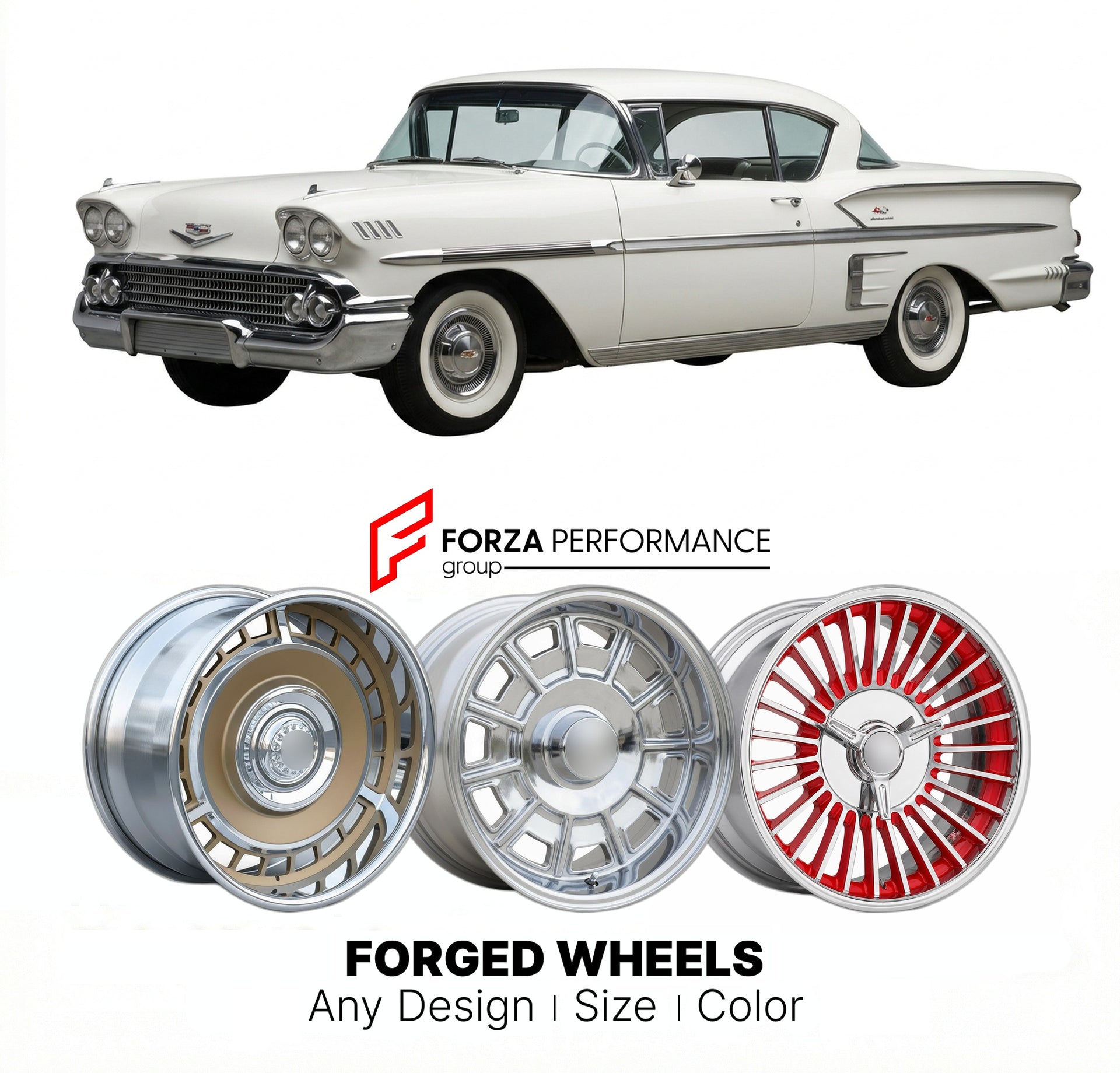 CUSTOM CLASSIC VINTAGE RESTOMOD RETRO OLD SCHOOL FORGED WHEELS RIMS for CHEVROLET IMPALA 1958 - 1964
Custom forged wheels for classic American muscle cars. Ideal for restomod builds, vintage restorations, and show cars. Deep dish and retro styling available.

We manufacture premium quality forged wheels rims for Chevrolet Impala 1958 - 1964 in any design, size, color.

THIS WHEEL DESIGN CAN BE CUSTOM-MADE FOR YOUR CAR IN ANY SIZE AND COLOR OPTIONS
Available in monoblock, 2-piece, 3-piece, duoblock, beadlock