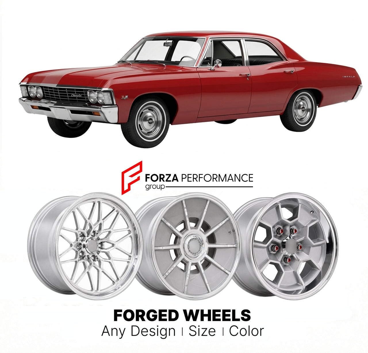 CUSTOM CLASSIC VINTAGE RESTOMOD RETRO OLD SCHOOL FORGED WHEELS RIMS for CHEVROLET IMPALA 1965 - 1970
Custom forged wheels for classic American muscle cars. Ideal for restomod builds, vintage restorations, and show cars. Deep dish and retro styling available.

We manufacture premium quality forged wheels rims for Chevrolet Impala 1965 - 1970 in any design, size, color.

THIS WHEEL DESIGN CAN BE CUSTOM-MADE FOR YOUR CAR IN ANY SIZE AND COLOR OPTIONS
Available in monoblock, 2-piece, 3-piece, duoblock, beadlock
