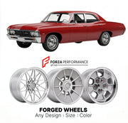 CUSTOM CLASSIC VINTAGE RESTOMOD RETRO OLD SCHOOL FORGED WHEELS RIMS for CHEVROLET IMPALA 1965 - 1970
Custom forged wheels for classic American muscle cars. Ideal for restomod builds, vintage restorations, and show cars. Deep dish and retro styling available.

We manufacture premium quality forged wheels rims for Chevrolet Impala 1965 - 1970 in any design, size, color.

THIS WHEEL DESIGN CAN BE CUSTOM-MADE FOR YOUR CAR IN ANY SIZE AND COLOR OPTIONS
Available in monoblock, 2-piece, 3-piece, duoblock, beadlock