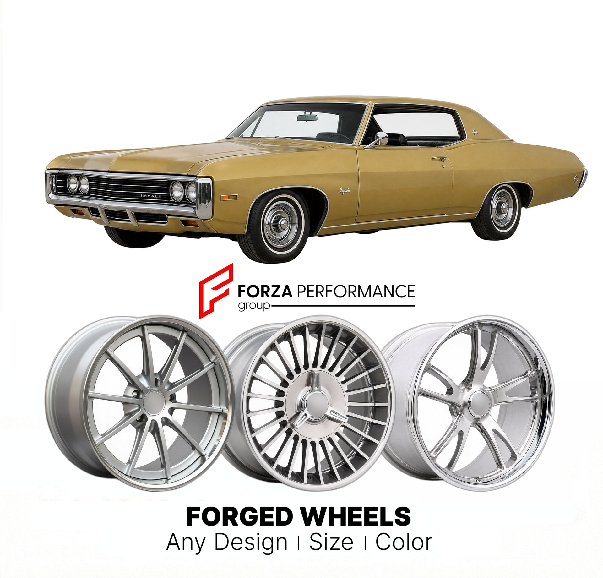 CUSTOM CLASSIC VINTAGE RESTOMOD RETRO OLD SCHOOL FORGED WHEELS RIMS for CHEVROLET IMPALA 1971 - 1976
Custom forged wheels for classic American muscle cars. Ideal for restomod builds, vintage restorations, and show cars. Deep dish and retro styling available.

We manufacture premium quality forged wheels rims for Chevrolet Impala 1971 - 1976 in any design, size, color.

THIS WHEEL DESIGN CAN BE CUSTOM-MADE FOR YOUR CAR IN ANY SIZE AND COLOR OPTIONS
Available in monoblock, 2-piece, 3-piece, duoblock, beadlock