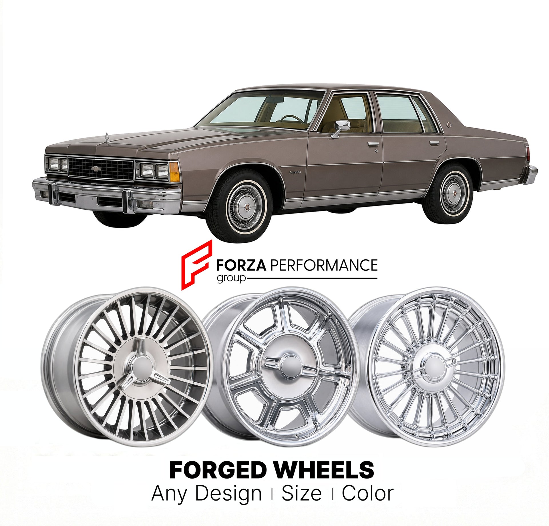 CUSTOM CLASSIC VINTAGE RESTOMOD RETRO OLD SCHOOL FORGED WHEELS RIMS for CHEVROLET IMPALA 1977 - 1985
Custom forged wheels for classic American muscle cars. Ideal for restomod builds, vintage restorations, and show cars. Deep dish and retro styling available.

We manufacture premium quality forged wheels rims for Chevrolet Impala 1977 - 1985 in any design, size, color.

THIS WHEEL DESIGN CAN BE CUSTOM-MADE FOR YOUR CAR IN ANY SIZE AND COLOR OPTIONS
Available in monoblock, 2-piece, 3-piece, duoblock, beadlock