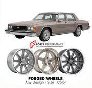 CUSTOM CLASSIC VINTAGE RESTOMOD RETRO OLD SCHOOL FORGED WHEELS RIMS for CHEVROLET IMPALA 1986 - 1990
Custom forged wheels for classic American muscle cars. Ideal for restomod builds, vintage restorations, and show cars. Deep dish and retro styling available.

We manufacture premium quality forged wheels rims for Chevrolet Impala 1986 - 1990 in any design, size, color.

THIS WHEEL DESIGN CAN BE CUSTOM-MADE FOR YOUR CAR IN ANY SIZE AND COLOR OPTIONS
Available in monoblock, 2-piece, 3-piece, duoblock, beadlock