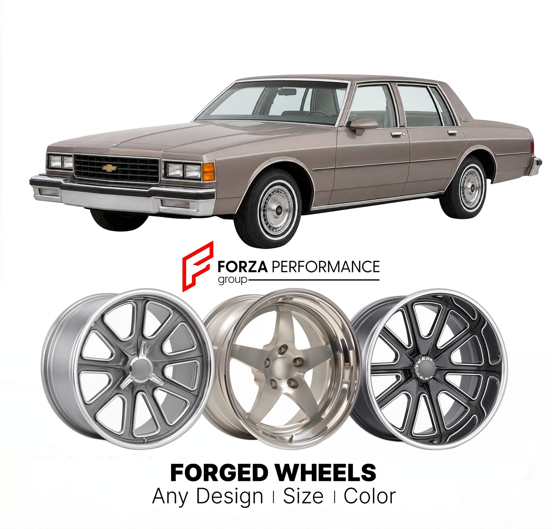 CUSTOM CLASSIC VINTAGE RESTOMOD RETRO OLD SCHOOL FORGED WHEELS RIMS for CHEVROLET IMPALA 1986 - 1990
Custom forged wheels for classic American muscle cars. Ideal for restomod builds, vintage restorations, and show cars. Deep dish and retro styling available.

We manufacture premium quality forged wheels rims for Chevrolet Impala 1986 - 1990 in any design, size, color.

THIS WHEEL DESIGN CAN BE CUSTOM-MADE FOR YOUR CAR IN ANY SIZE AND COLOR OPTIONS
Available in monoblock, 2-piece, 3-piece, duoblock, beadlock