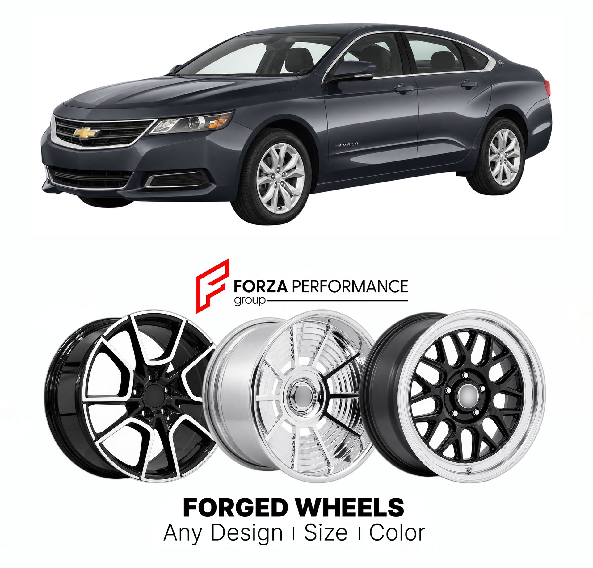 FORGED WHEELS RIMS for CHEVROLET IMPALA LS 2014 - 2020

Custom forged wheels for Chevrolet Impala LS 2014 - 2020. Made-to-order monoblock, 2-piece and 3-piece rims in custom sizes, offsets, colors and finishes with guaranteed fitment.

We manufacture premium quality forged wheels rims for Chevrolet Impala LS 2014 - 2020 in any design, size, color.

THIS WHEEL DESIGN CAN BE CUSTOM-MADE FOR YOUR CAR IN ANY SIZE AND COLOR OPTIONS
Available in monoblock, 2-piece, 3-piece, duoblock, beadlock
3D wheel renderings 
