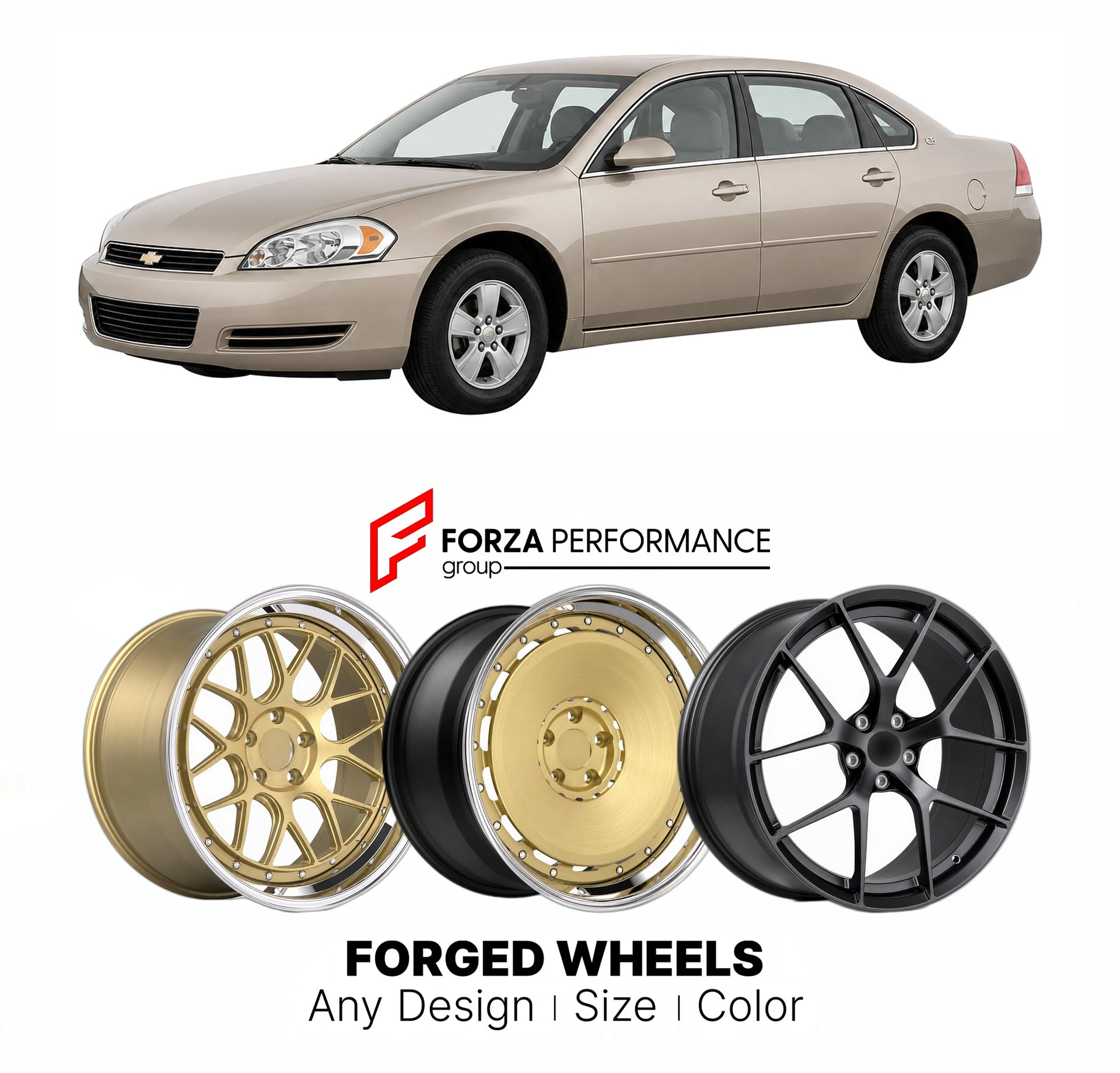FORGED WHEELS RIMS for CHEVROLET IMPALA LT 2006 - 2013

Custom forged wheels for Chevrolet Impala LT 2006 - 2013. Made-to-order monoblock, 2-piece and 3-piece rims in custom sizes, offsets, colors and finishes with guaranteed fitment.

We manufacture premium quality forged wheels rims for Chevrolet Impala LT 2006 - 2013 in any design, size, color.

THIS WHEEL DESIGN CAN BE CUSTOM-MADE FOR YOUR CAR IN ANY SIZE AND COLOR OPTIONS
Available in monoblock, 2-piece, 3-piece, duoblock, beadlock
3D wheel renderings 
