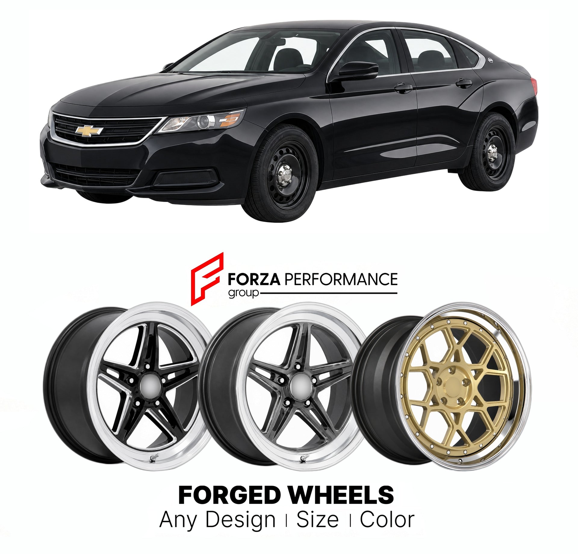 FORGED WHEELS RIMS for CHEVROLET IMPALA POLICE PACKAGE 2014 - 2020

Custom forged wheels for Chevrolet Impala Police Package 2014 - 2020. Made-to-order monoblock, 2-piece and 3-piece rims in custom sizes, offsets, colors and finishes with guaranteed fitment.

We manufacture premium quality forged wheels rims for Chevrolet Impala Police Package 2014 - 2020 in any design, size, color.

THIS WHEEL DESIGN CAN BE CUSTOM-MADE FOR YOUR CAR IN ANY SIZE AND COLOR OPTIONS
Available in monoblock, 2-piece, 3-piece, duo