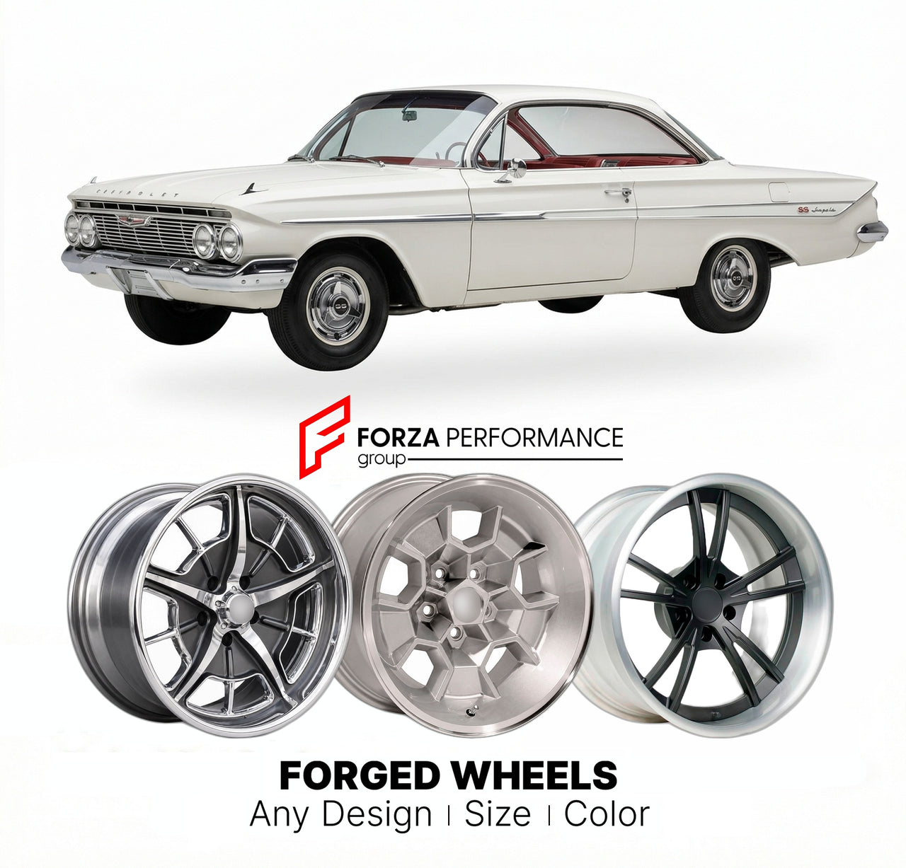 CUSTOM CLASSIC VINTAGE RESTOMOD RETRO OLD SCHOOL FORGED WHEELS RIMS for CHEVROLET IMPALA SS 1961 - 1964
Custom forged wheels for classic American muscle cars. Ideal for restomod builds, vintage restorations, and show cars. Deep dish and retro styling available.

We manufacture premium quality forged wheels rims for Chevrolet Impala SS 1961 - 1964 in any design, size, color.

THIS WHEEL DESIGN CAN BE CUSTOM-MADE FOR YOUR CAR IN ANY SIZE AND COLOR OPTIONS
Available in monoblock, 2-piece, 3-piece, duoblock, be